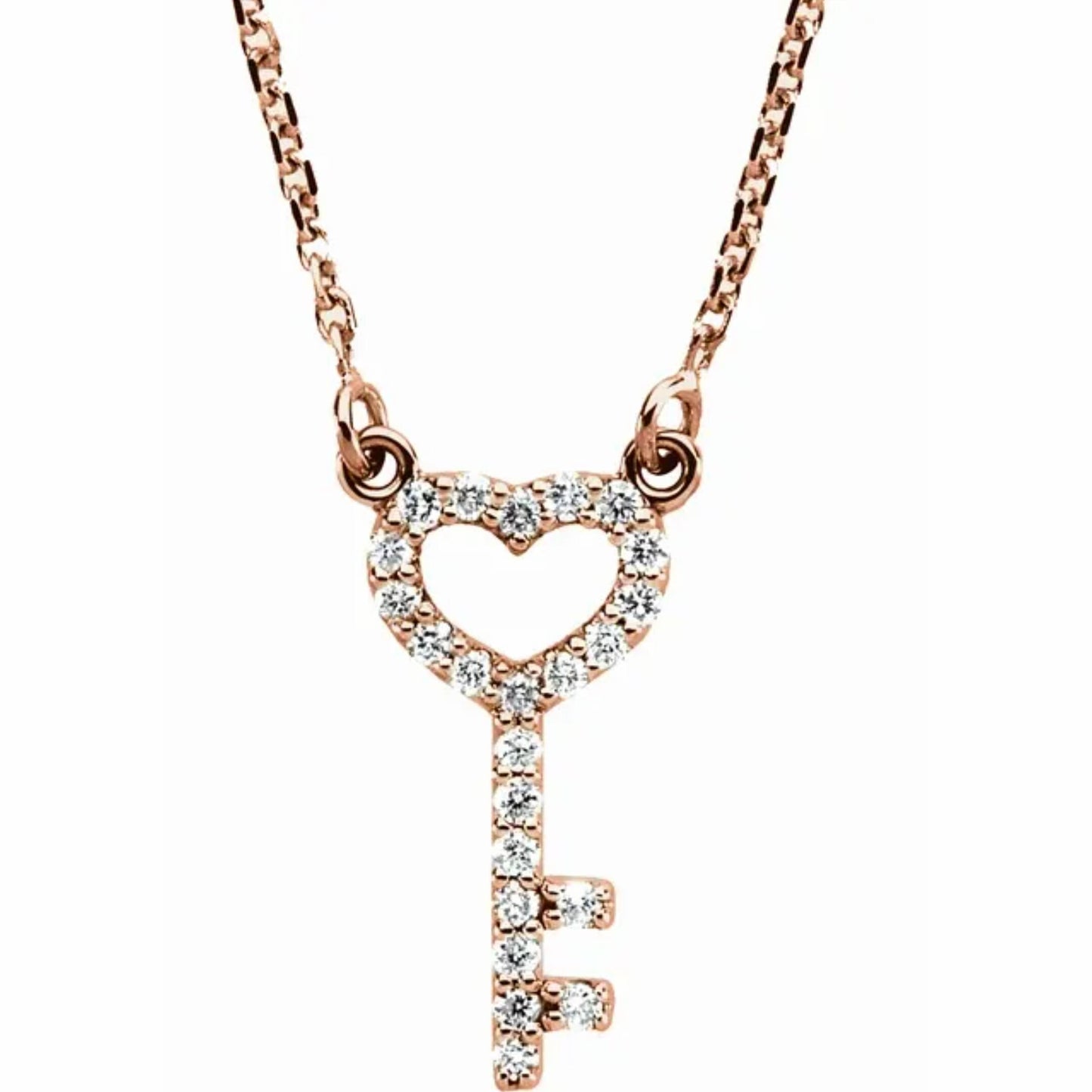 14K Yellow / White / Rose Gold or Platinum Diamond Petite Heart Key Necklace