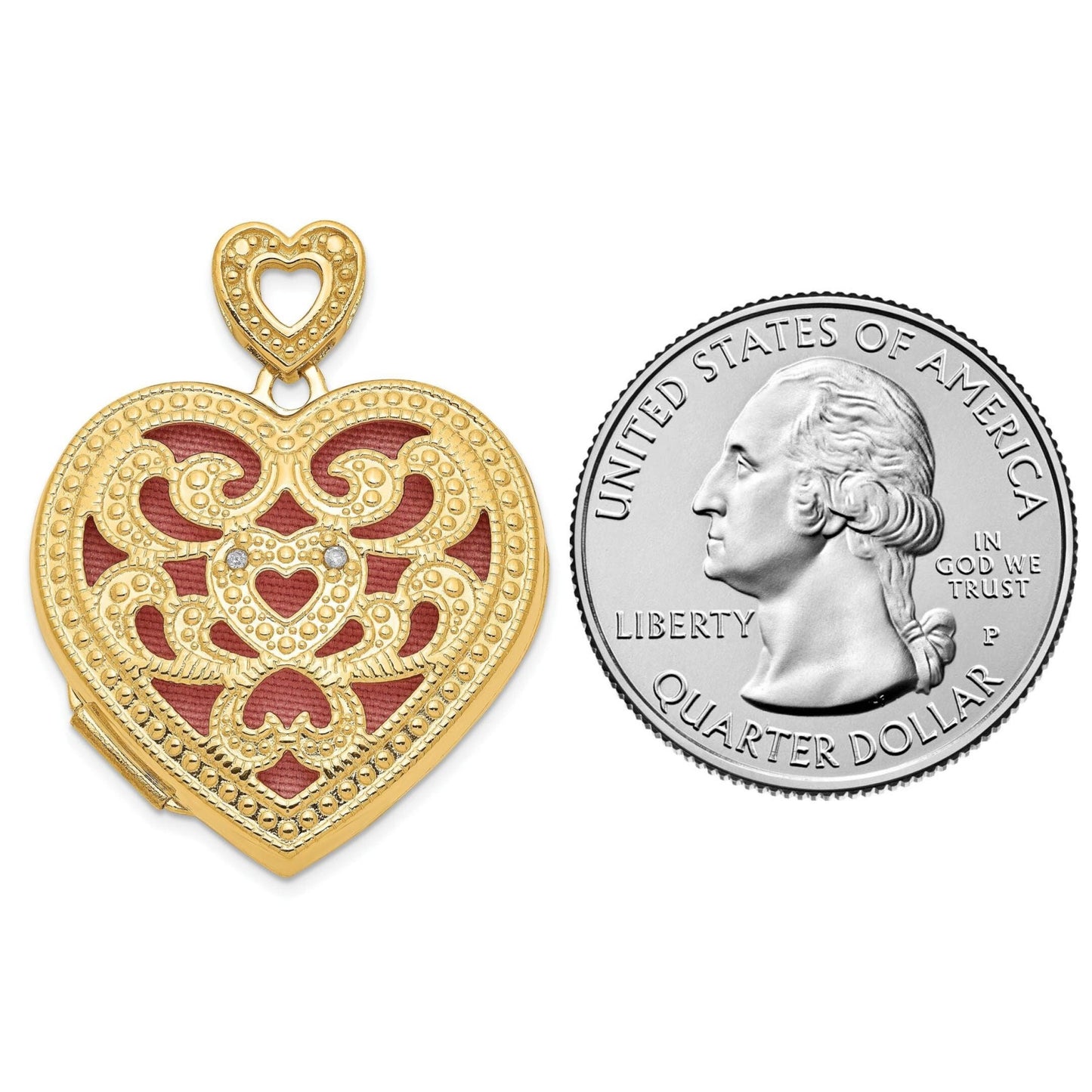 14K Yellow Gold and Diamond Engravable Heart Shape Locket with Vintage Filigree Front Design and Heart-Shaped Bale