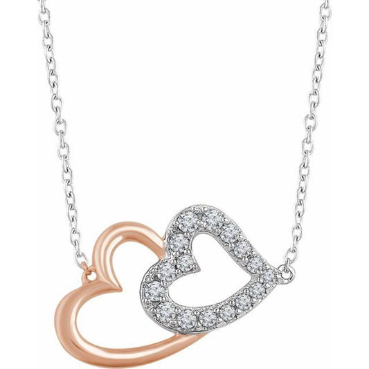 14K White and Rose Gold and Diamond Double Heart Necklace