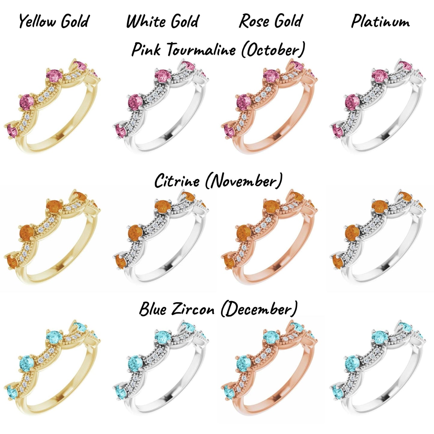 14K Yellow / White / Rose Gold or Platinum Birthstone and Diamond Crown Ring