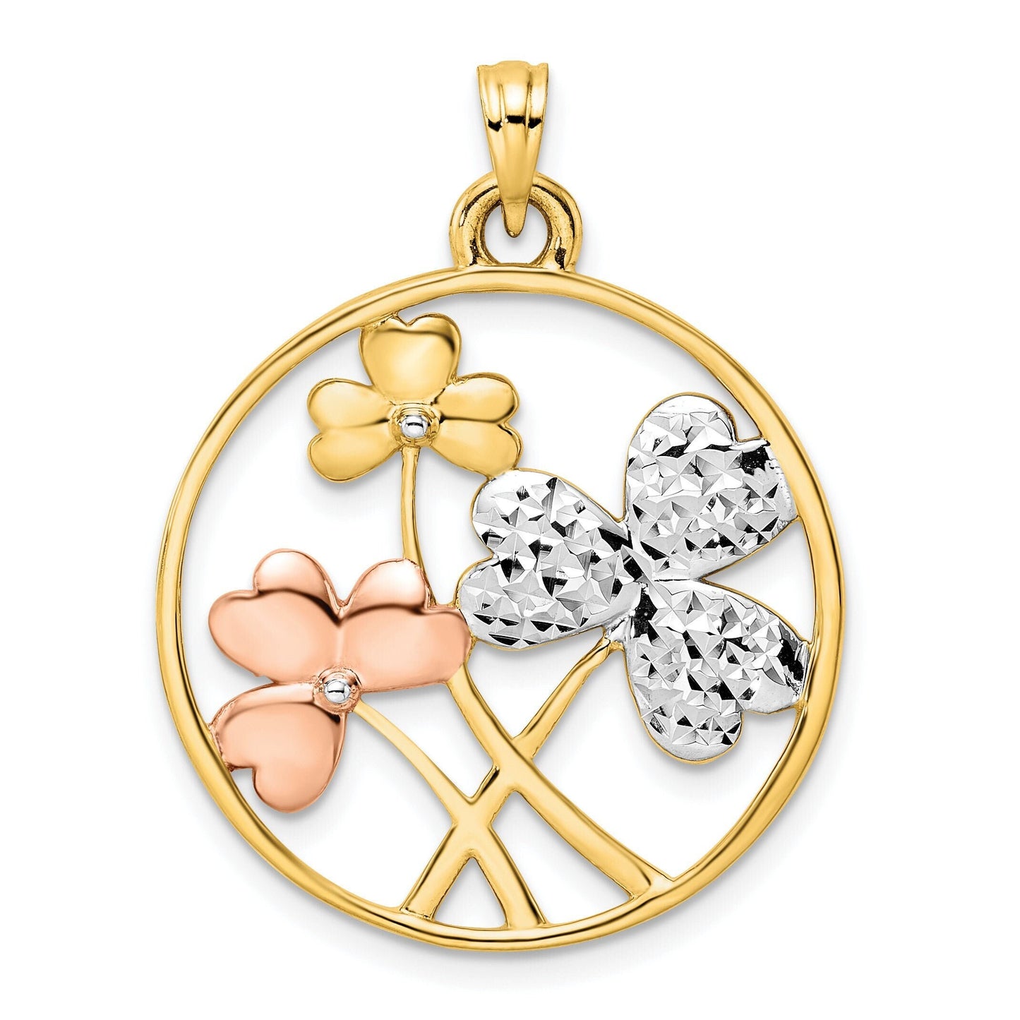 14K Yellow, White, and Rose Gold Diamond Cut Clovers Circle Charm