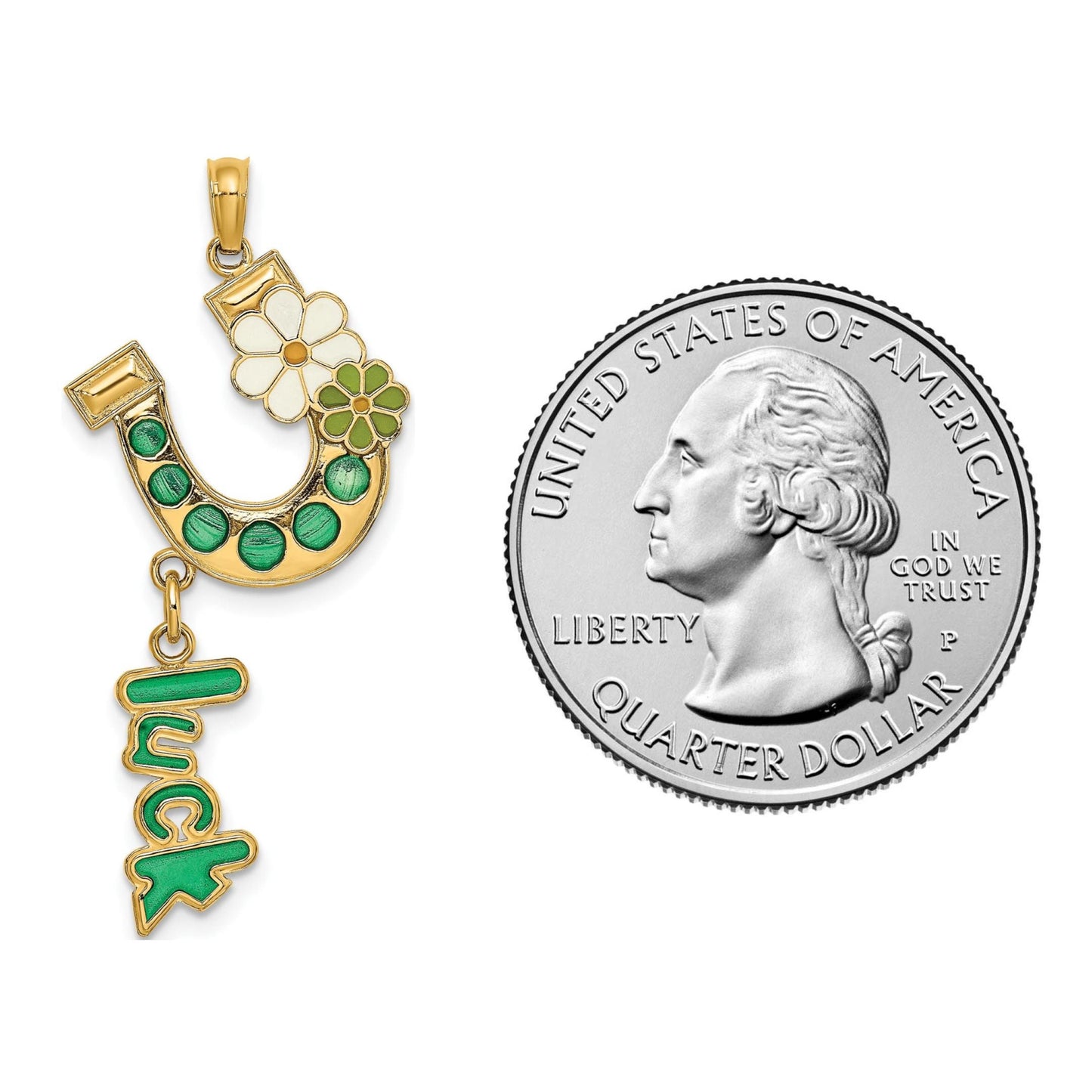14K Yellow Gold Horseshoe with LUCK and Flowers Charm