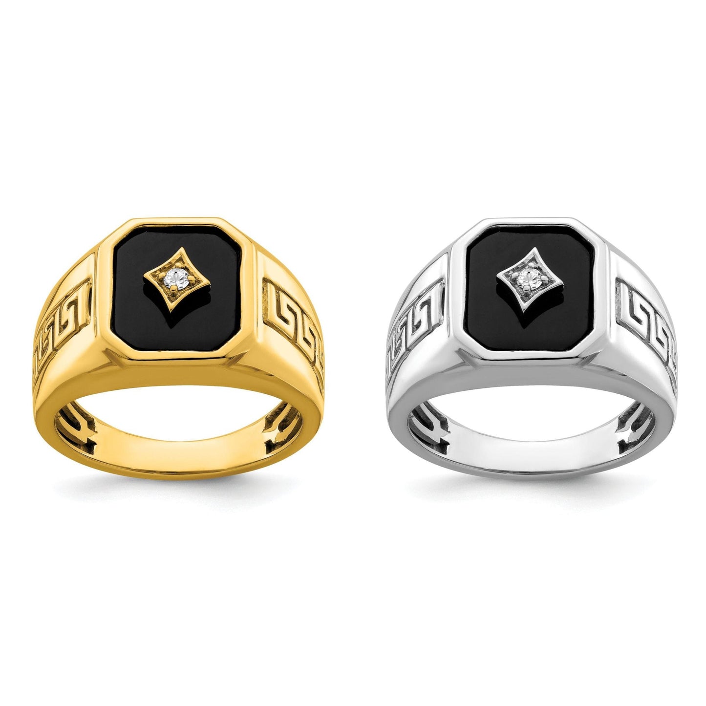14K Yellow or White Gold and Diamond Onyx Greek Key Meander Design Ring