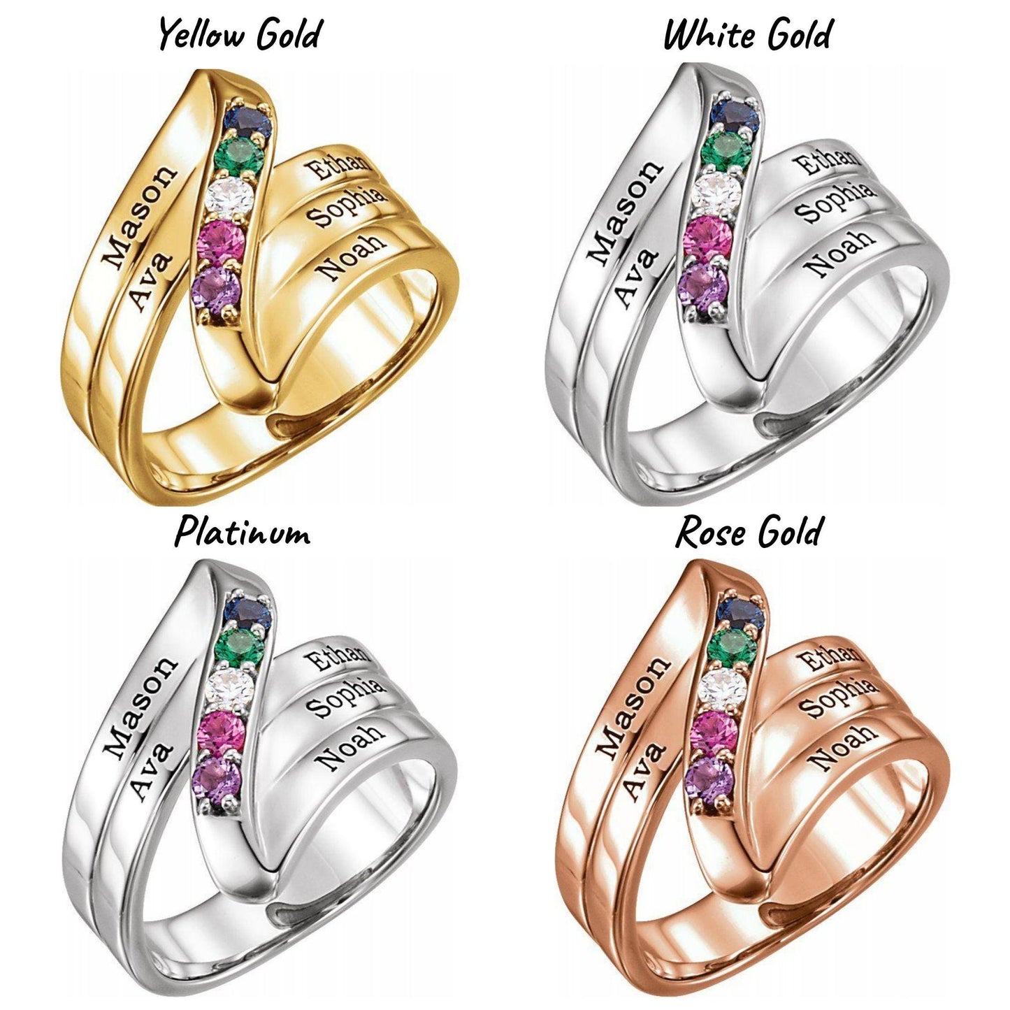 14K Yellow / White / Rose Gold or Platinum 1-5 Stone Engravable Family Ring