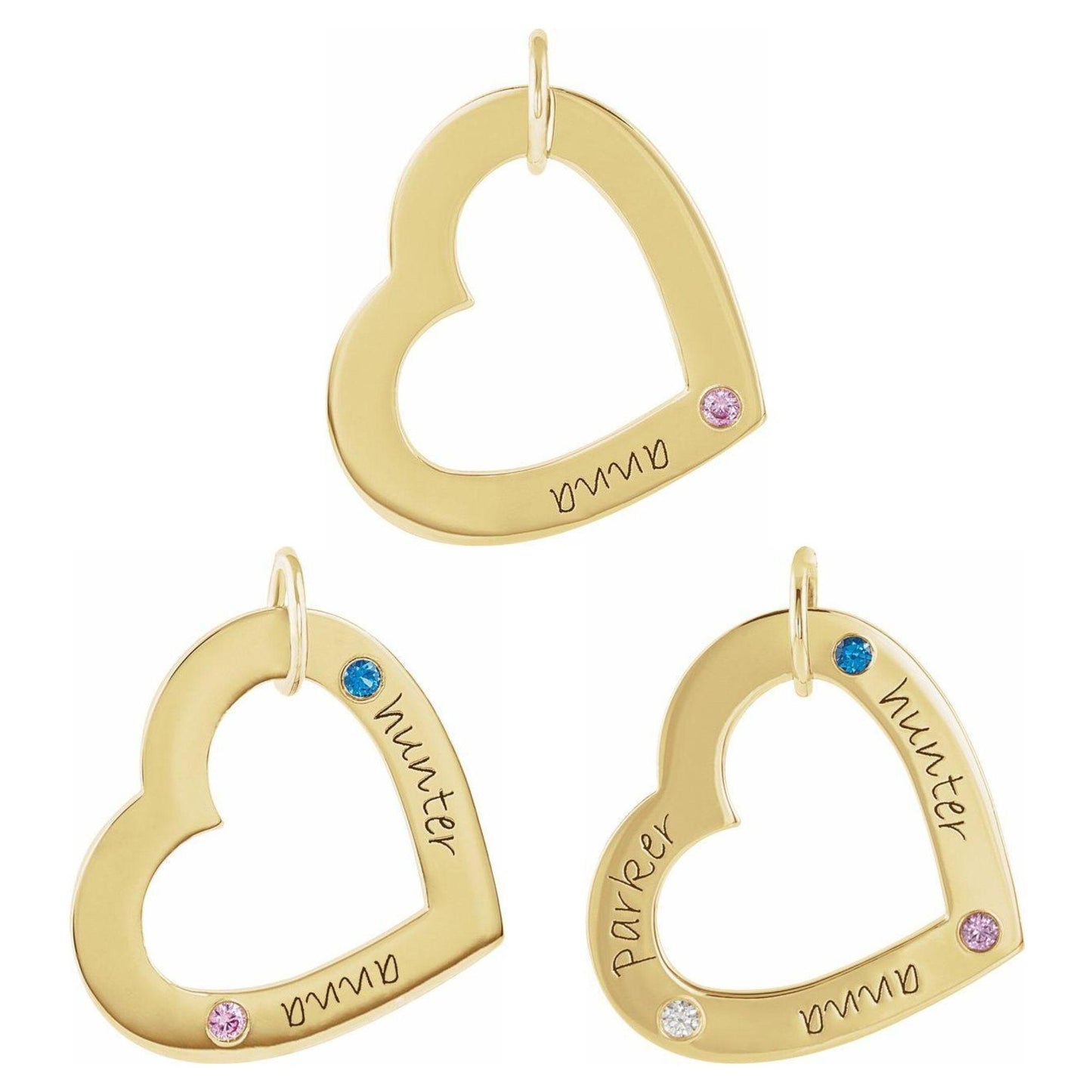 14K Yellow, White, or Rose Gold 1-3 Stone Engravable Heart Loop Pendant