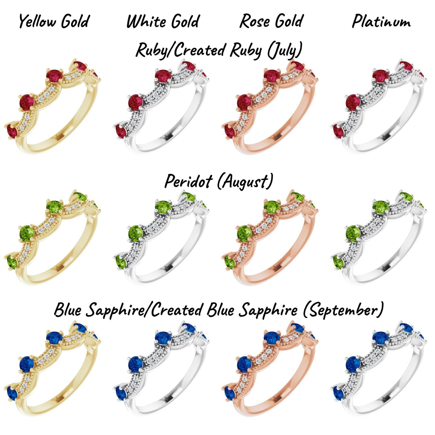 14K Yellow / White / Rose Gold or Platinum Birthstone and Diamond Crown Ring