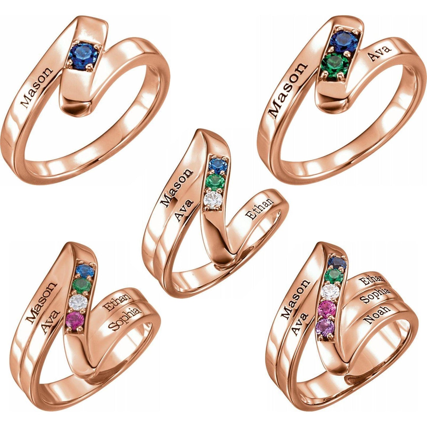 14K Yellow / White / Rose Gold or Platinum 1-5 Stone Engravable Family Ring