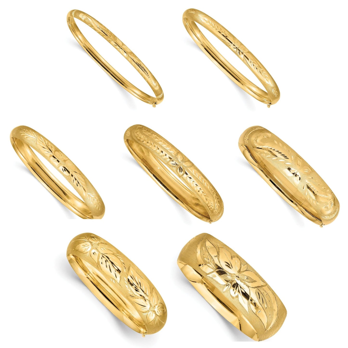 14K Yellow Gold Floral Textured Hinged Bangle Bracelets