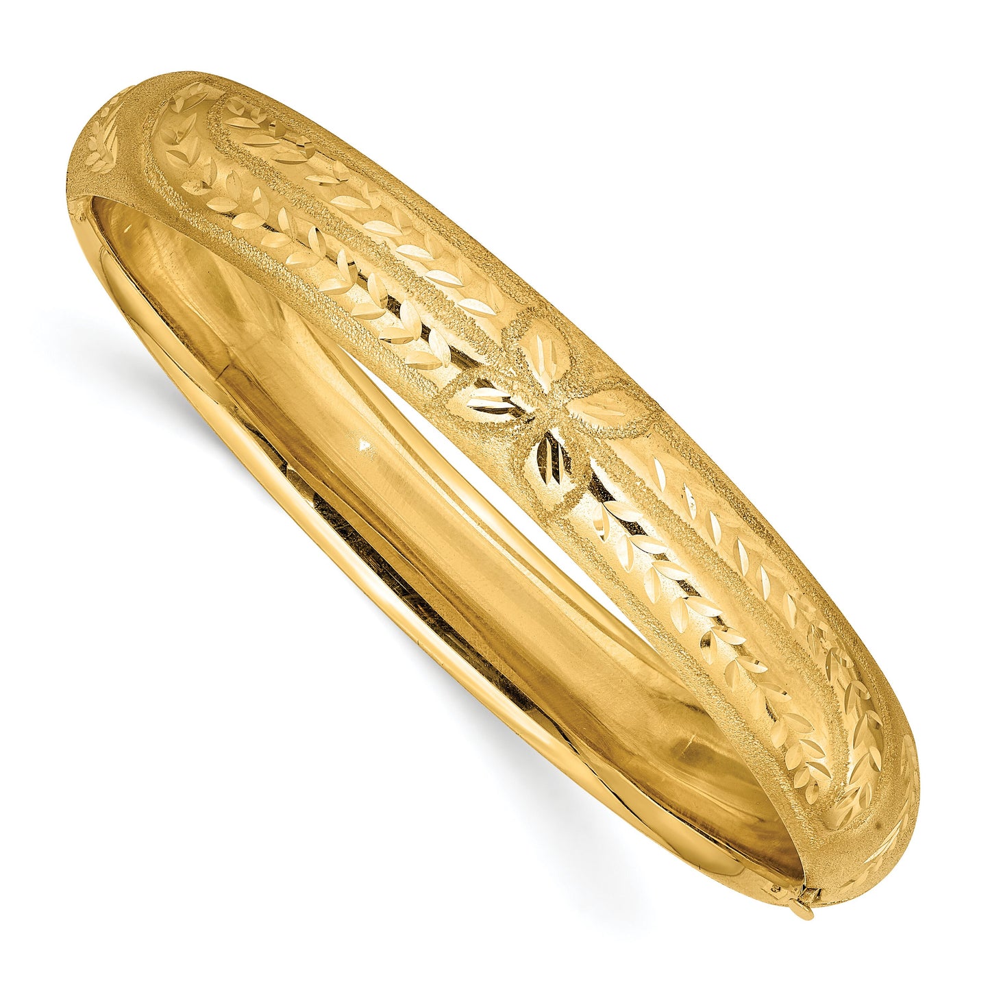 14K Yellow Gold Floral Textured Hinged Bangle Bracelets