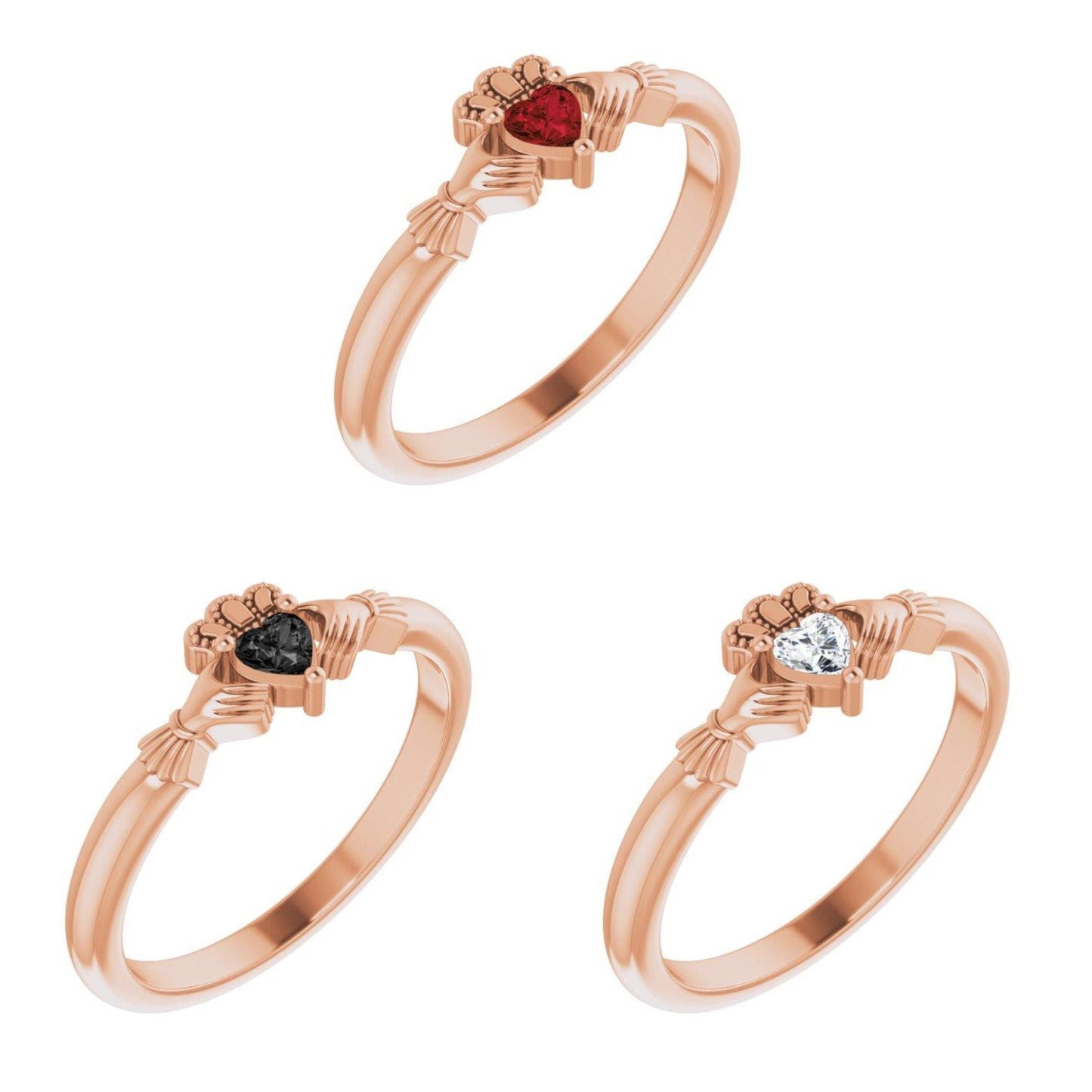 14K Yellow / White / Rose Gold or Platinum Claddagh Ring with Heart Shaped Mozambique Garnet, Onyx, or Created Moissanite Gemstone