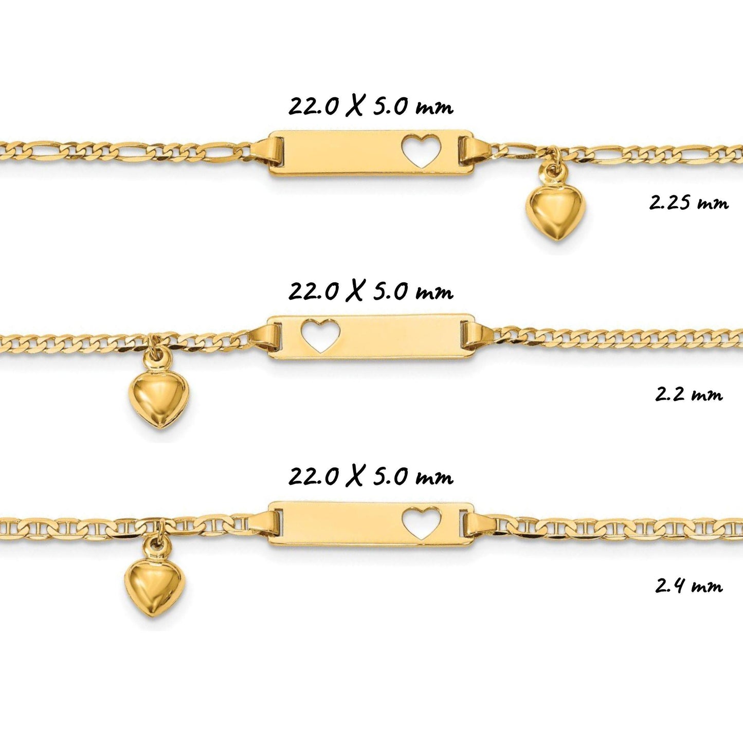 Children's Engravable 14K Yellow Gold Cut-out Heart with Dangling Heart Charm ID Bracelet (Figaro, Curb, and Anchor Link Chains)