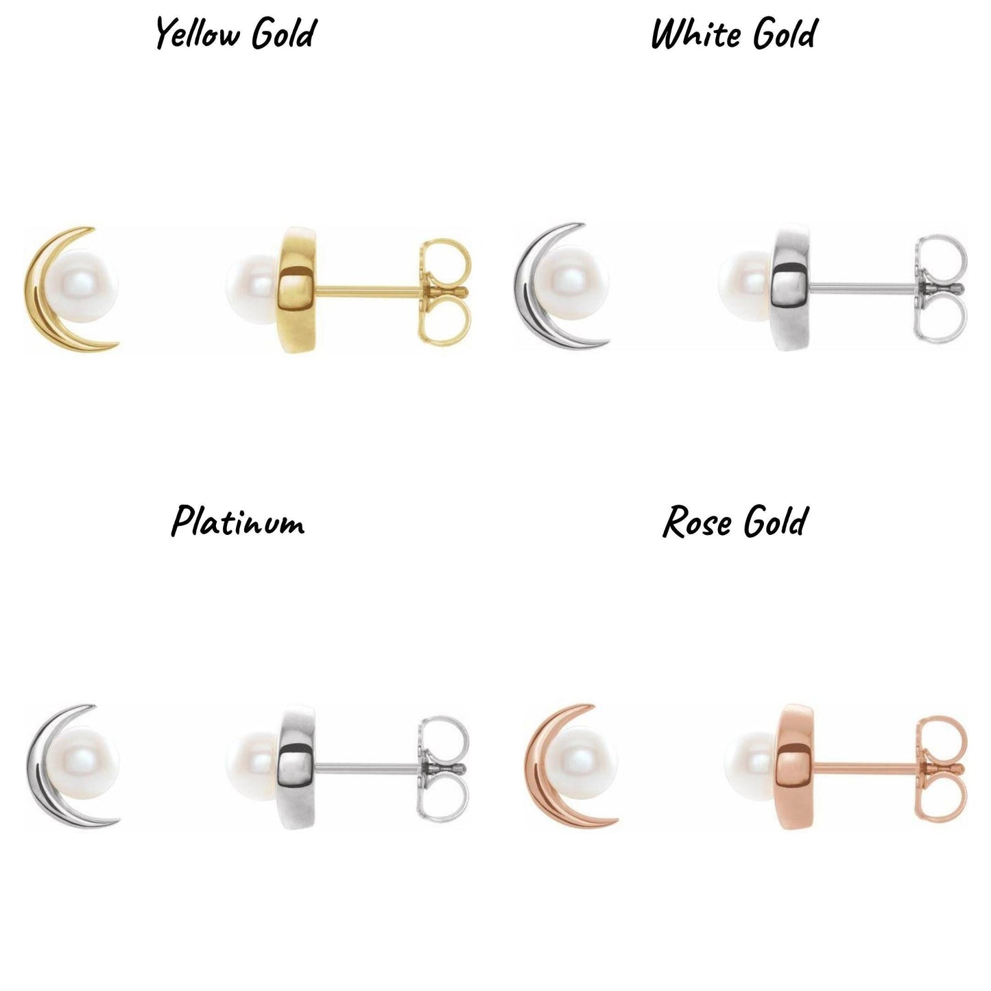 14K Yellow / White / Rose Gold or Platinum and Cultured Freshwater Pearl Crescent Moon Earrings