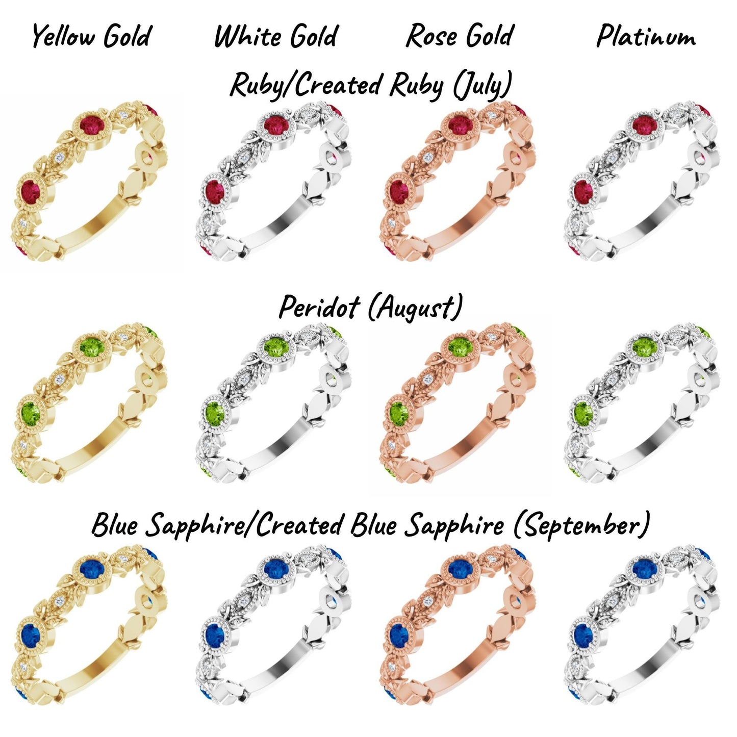 14K Yellow / White / Rose Gold or Platinum Birthstone and Diamond Leaf Ring