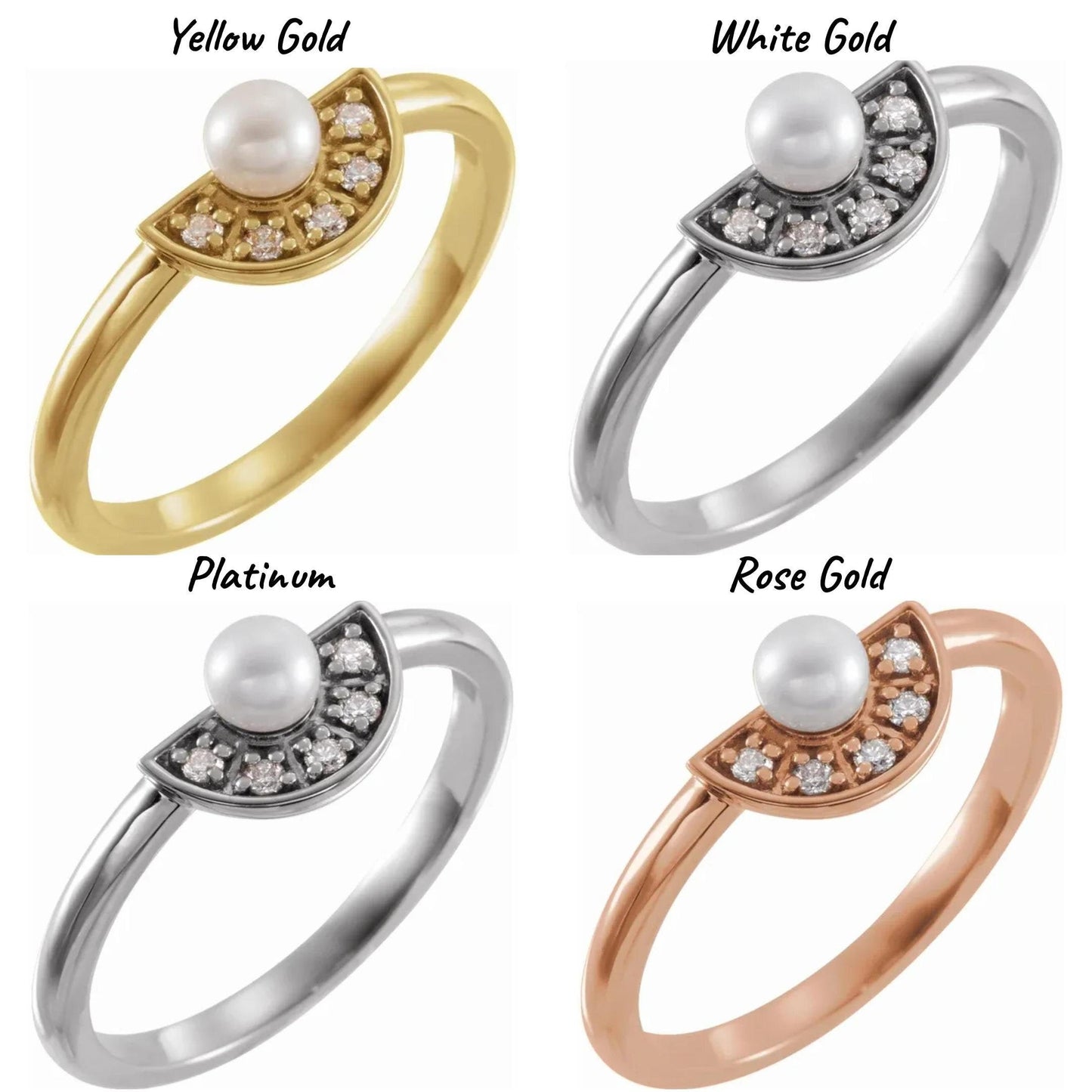14K Yellow / White / Rose Gold or Platinum Akoya Cultured Pearl and Diamond Fan Ring