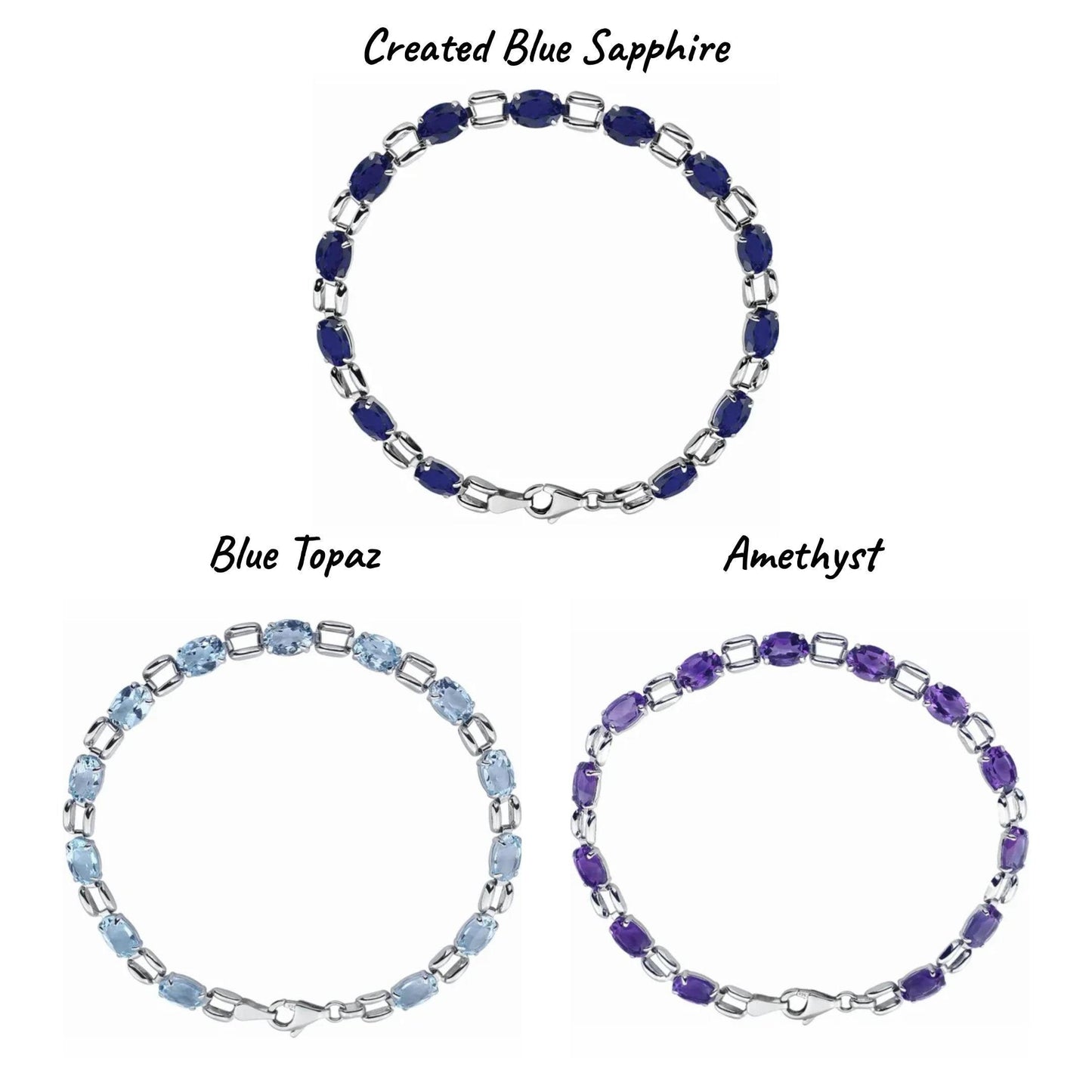 14K White Gold Oval Blue Sapphire, Blue Topaz, or Amethyst 7" Bracelet