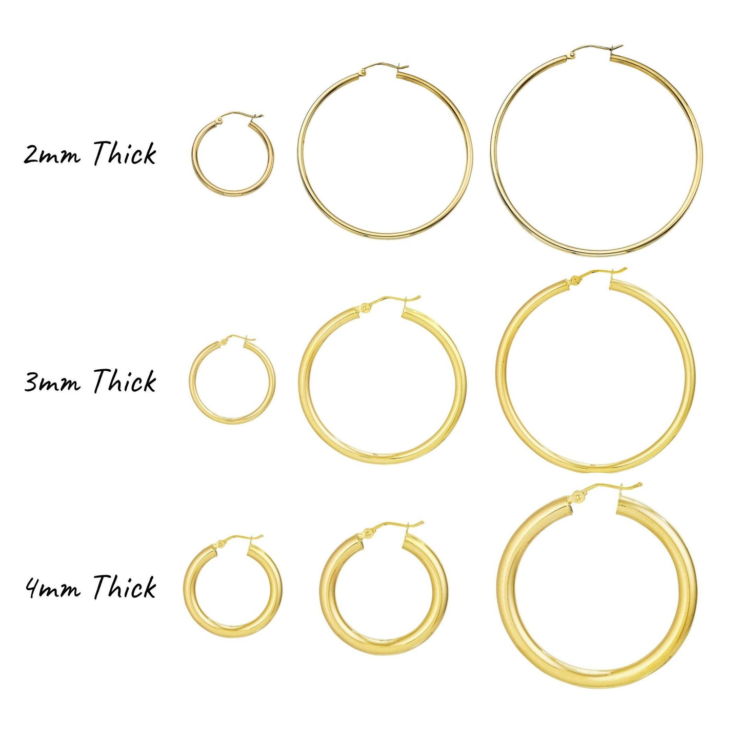 14K Yellow Gold Polished Hoop Earrings, 2mm-4mm Thick, 15mm-55mm Diameter