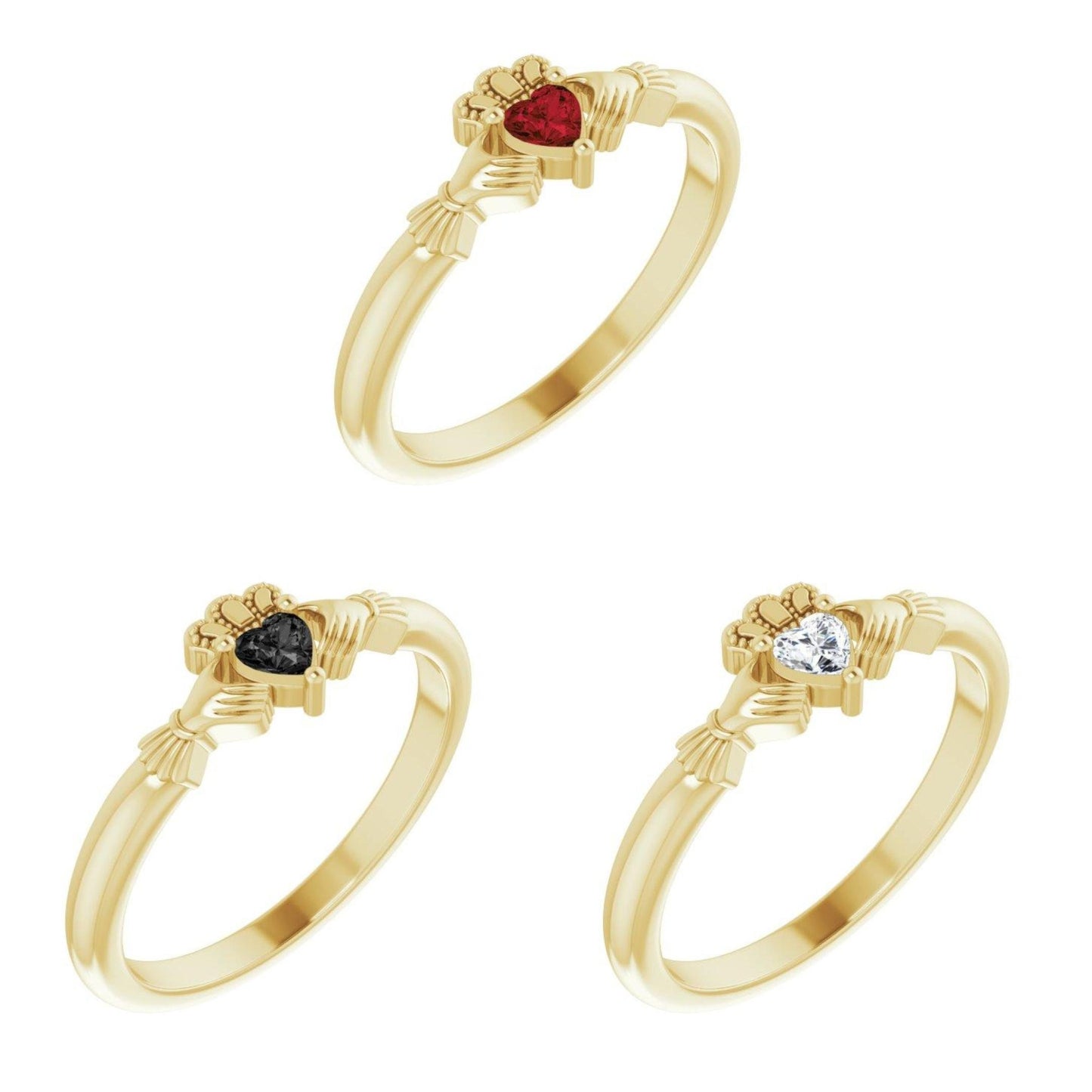 14K Yellow / White / Rose Gold or Platinum Claddagh Ring with Heart Shaped Mozambique Garnet, Onyx, or Created Moissanite Gemstone