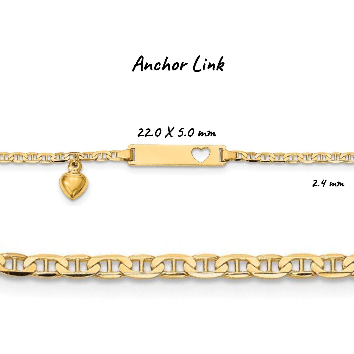 Children's Engravable 14K Yellow Gold Cut-out Heart with Dangling Heart Charm ID Bracelet (Figaro, Curb, and Anchor Link Chains)