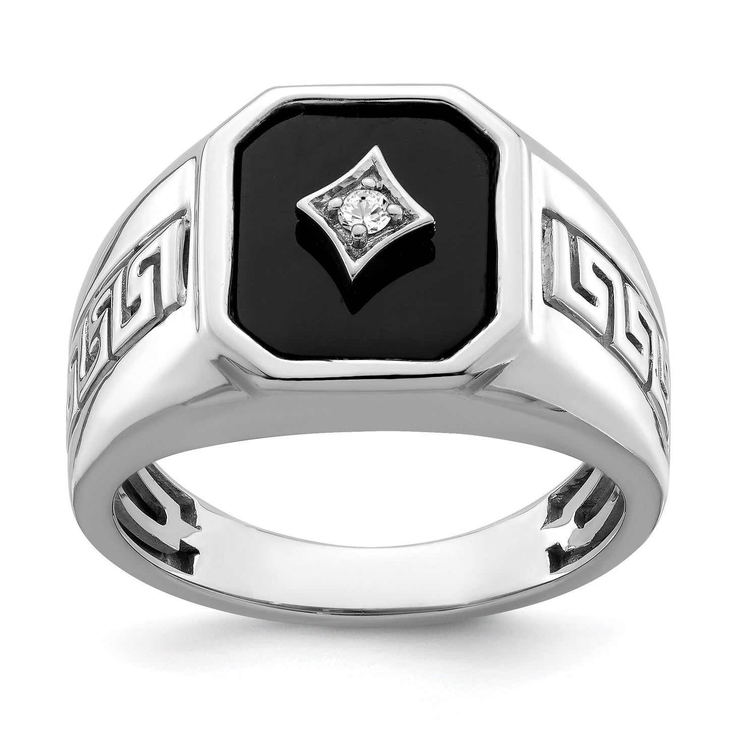 14K Yellow or White Gold and Diamond Onyx Greek Key Meander Design Ring
