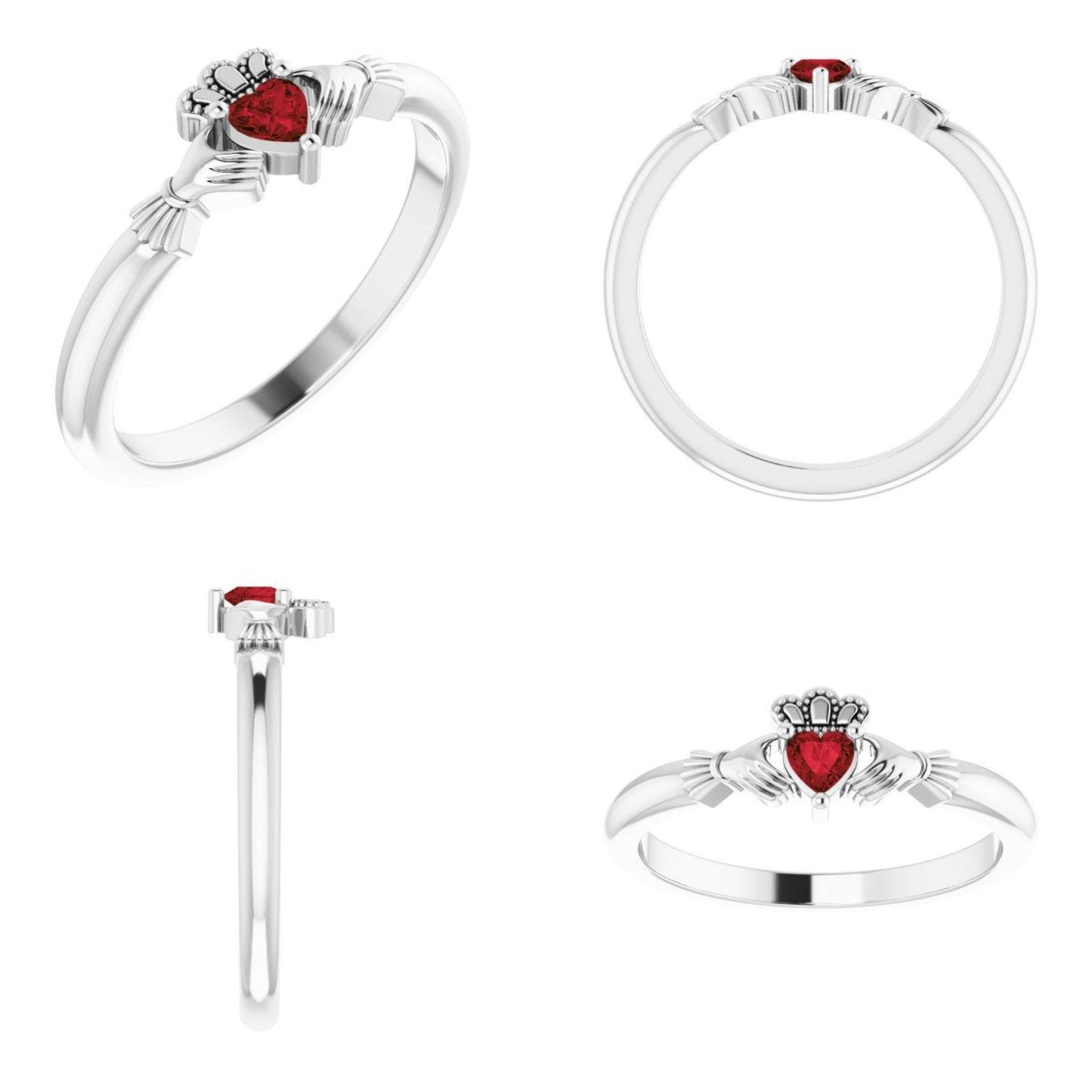 14K Yellow / White / Rose Gold or Platinum Claddagh Ring with Heart Shaped Mozambique Garnet, Onyx, or Created Moissanite Gemstone