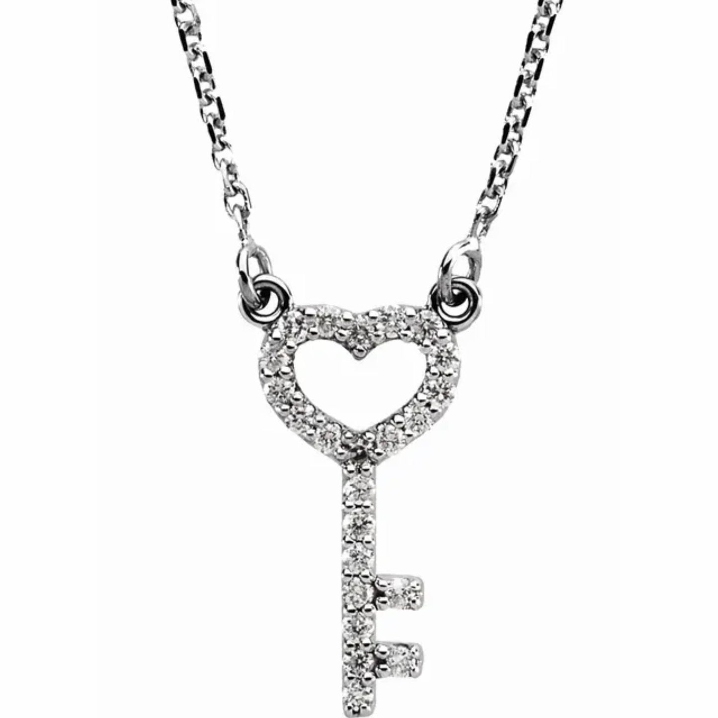 14K Yellow / White / Rose Gold or Platinum Diamond Petite Heart Key Necklace