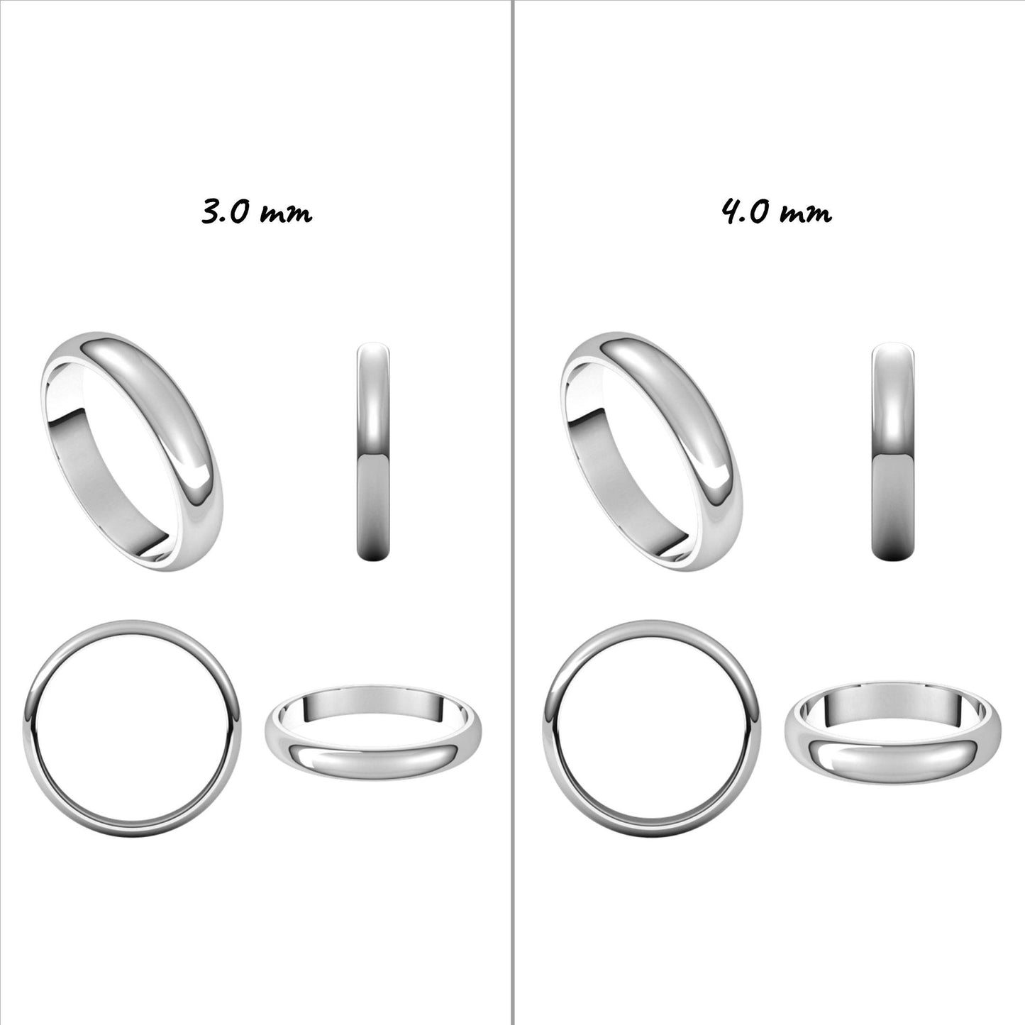 Solid Platinum Standard Weight & Standard Fit Half-Round Wedding Band, 1.0mm-12.0mm Widths