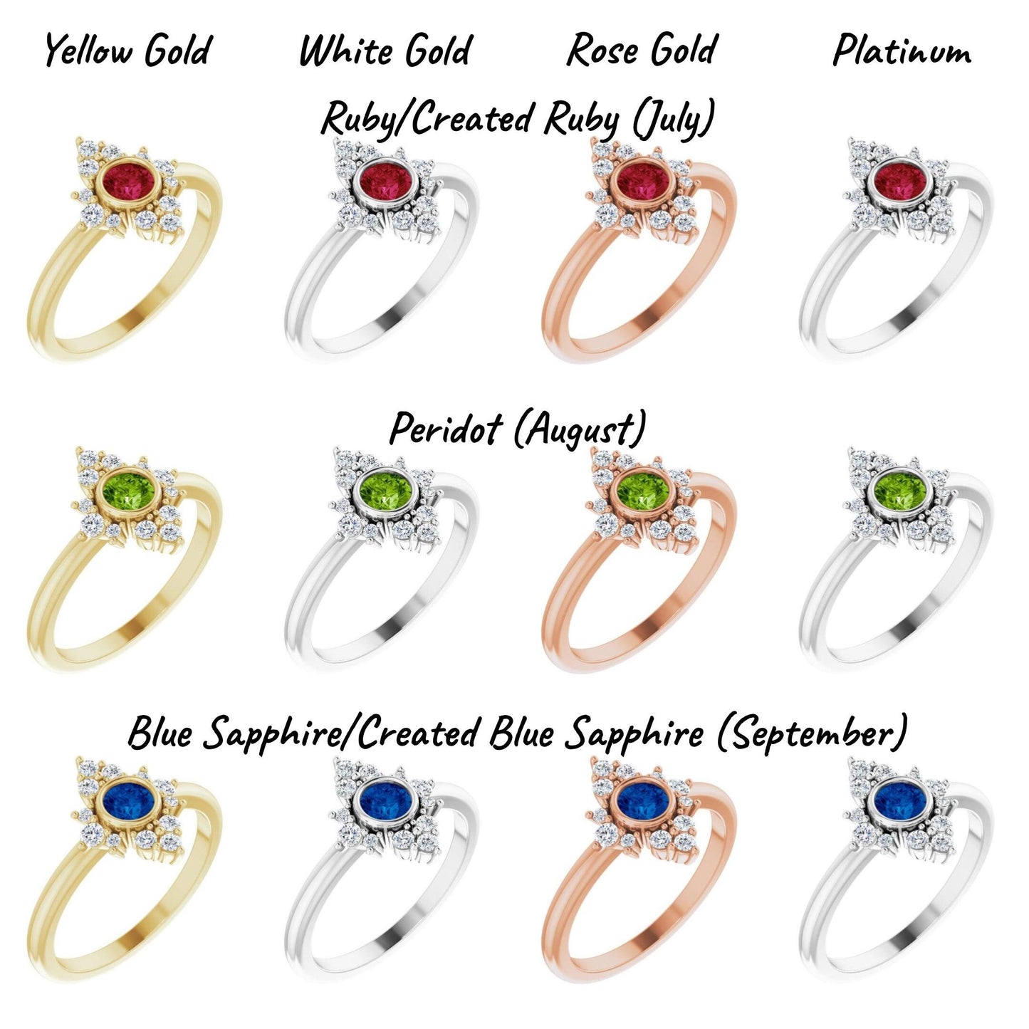 14K Yellow / White / Rose Gold or Platinum Birthstone and Diamond Ring