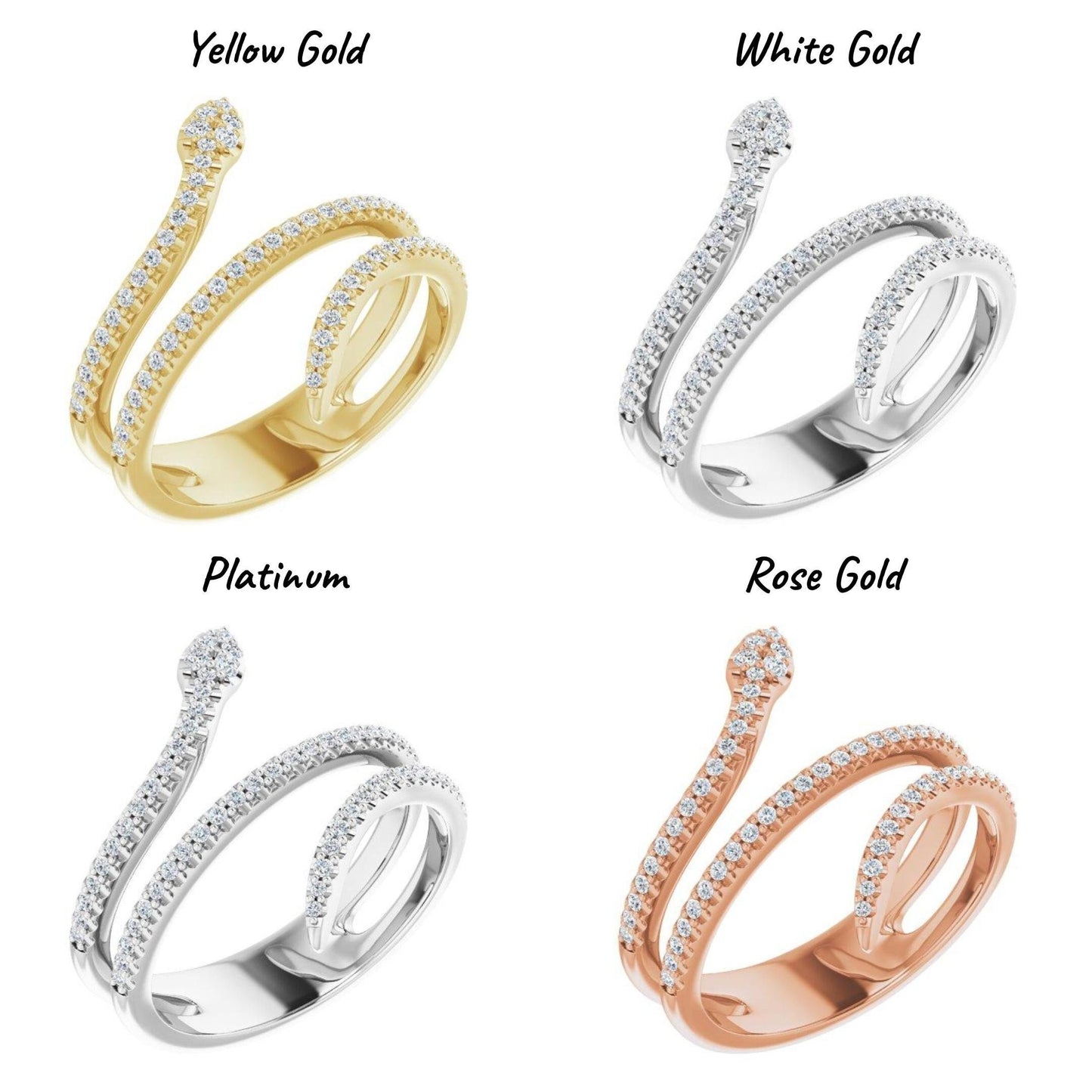 14K Yellow / White / Rose Gold or Platinum and Diamond Snake Ring