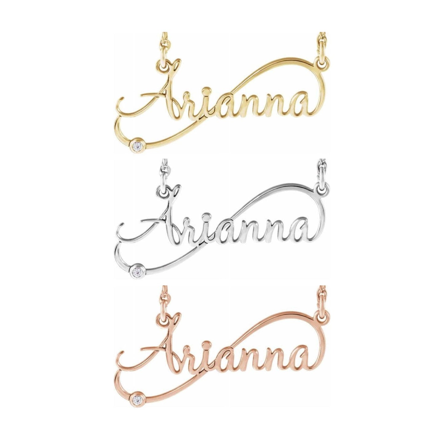 14K Yellow, White, or Rose Gold and Diamond Infinity-Inspired Nameplate Necklace
