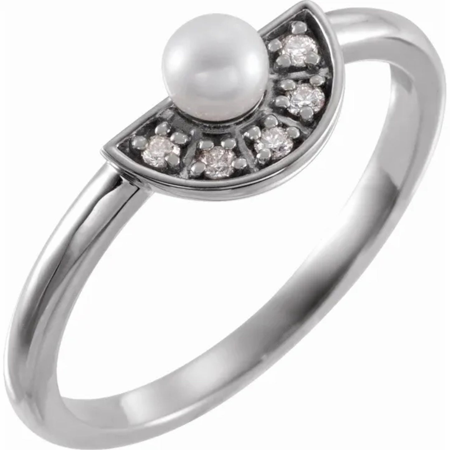 14K Yellow / White / Rose Gold or Platinum Akoya Cultured Pearl and Diamond Fan Ring