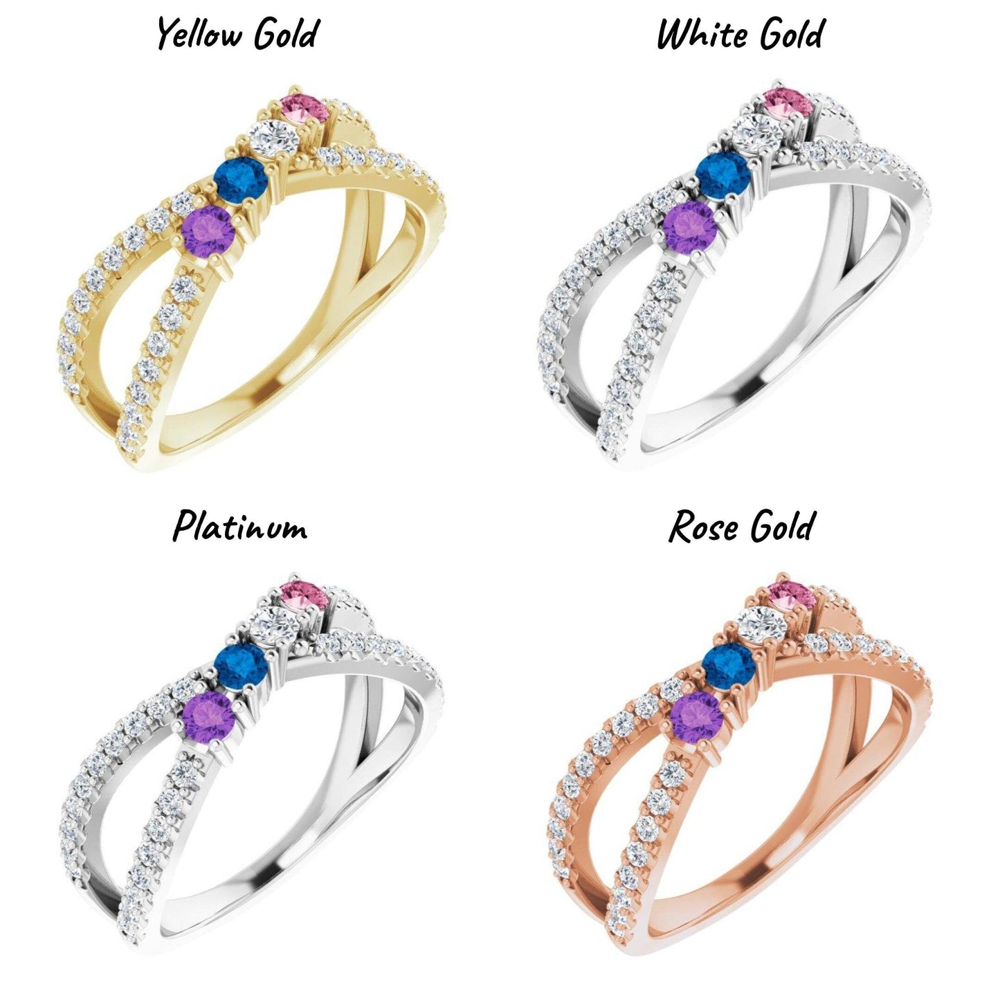 14K Yellow / White / Rose Gold or Platinum 1-5-Stone and Diamond Family Criss-Cross Ring