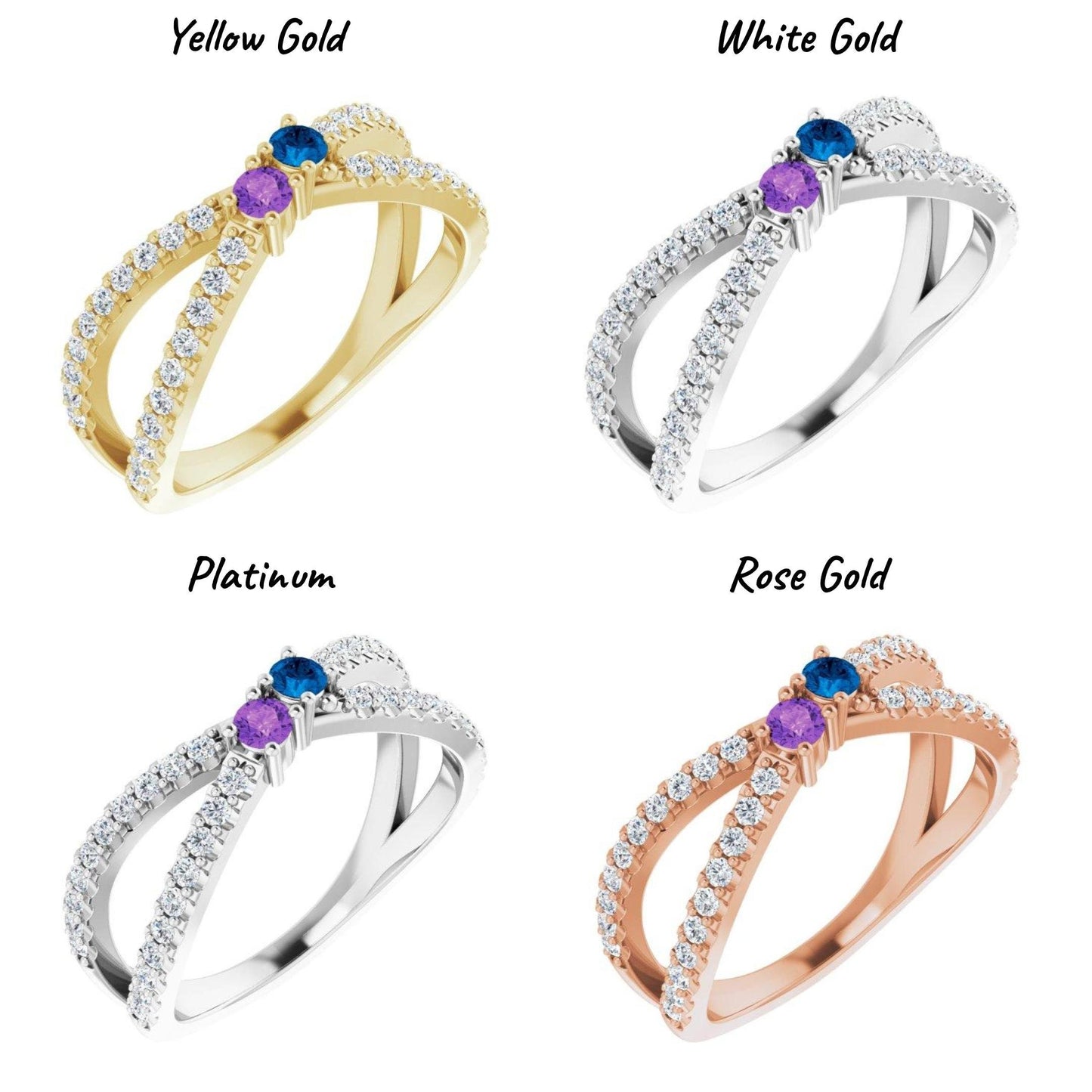 14K Yellow / White / Rose Gold or Platinum 1-5-Stone and Diamond Family Criss-Cross Ring