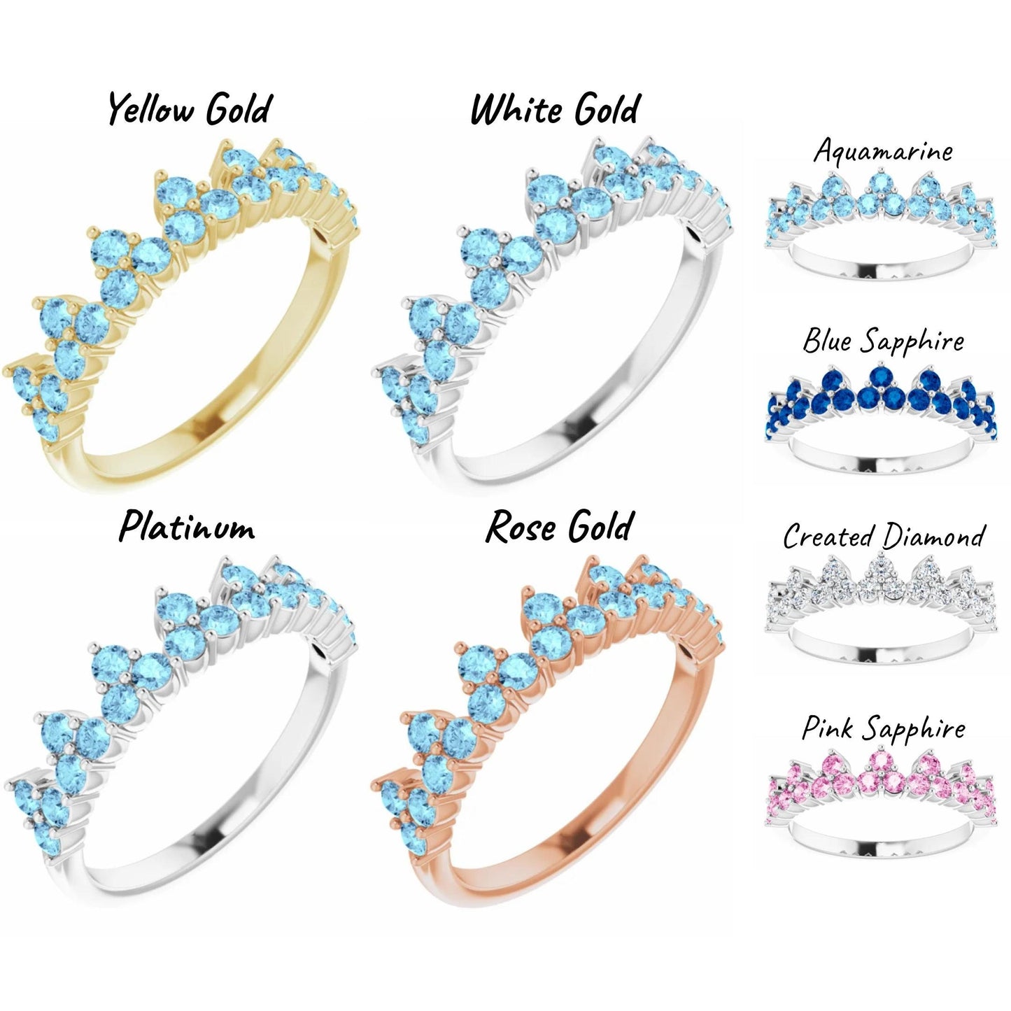 14K Yellow / White / Rose Gold or Platinum Gemstone Stackable Crown Ring