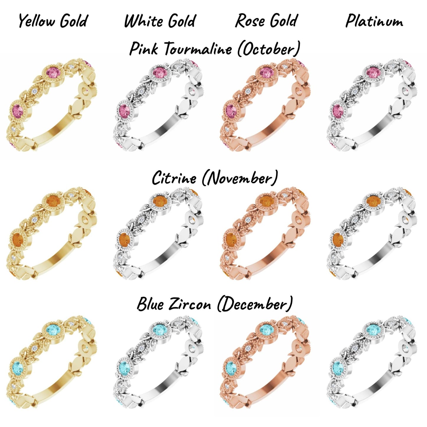 14K Yellow / White / Rose Gold or Platinum Birthstone and Diamond Leaf Ring