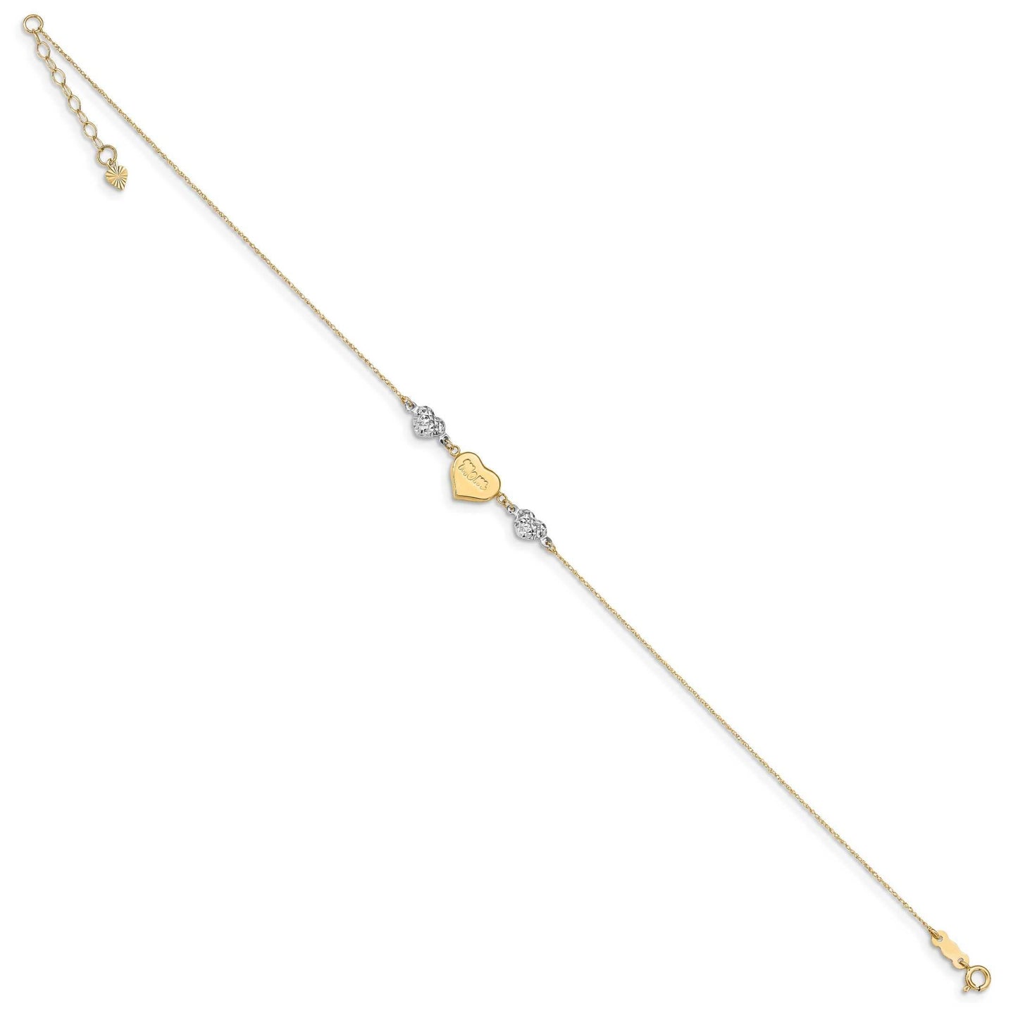 14K Yellow and White Gold Mom and Diamond-Cut Hearts Adjustable Anklet / Bracelet