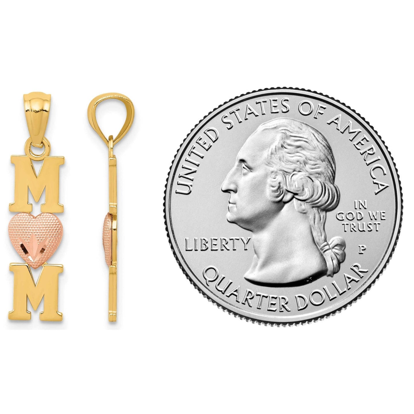 14K Yellow and Rose Gold Mom With Textured Heart Charm