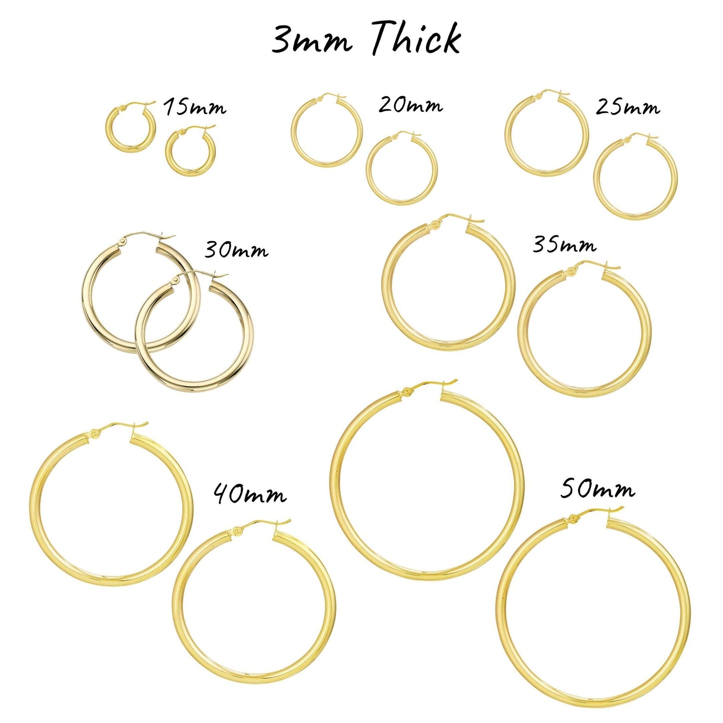 14K Yellow Gold Polished Hoop Earrings, 2mm-4mm Thick, 15mm-55mm Diameter