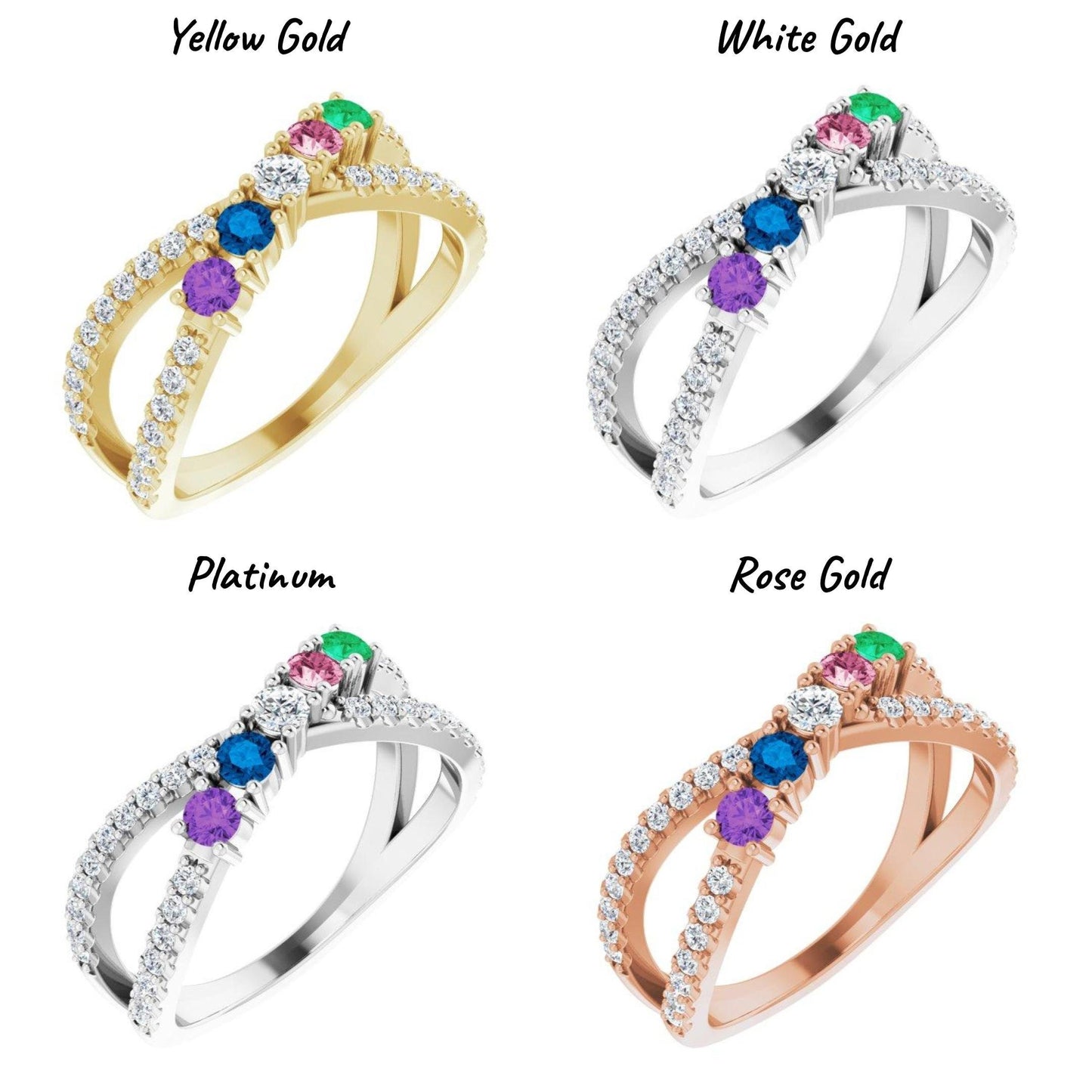 14K Yellow / White / Rose Gold or Platinum 1-5-Stone and Diamond Family Criss-Cross Ring