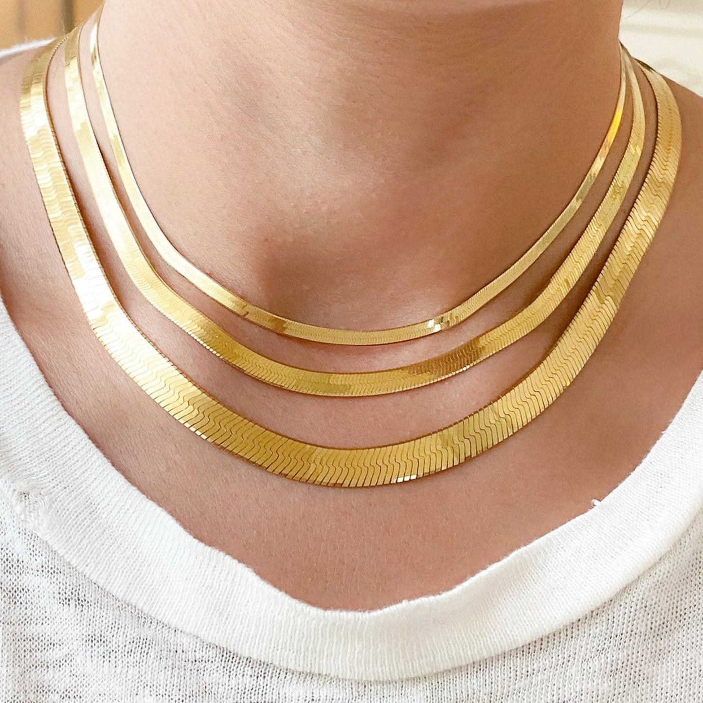 Solid 14K Yellow Gold Herringbone Necklace, 16"-30" Inch, 3.0 mm-10.0 mm Thick