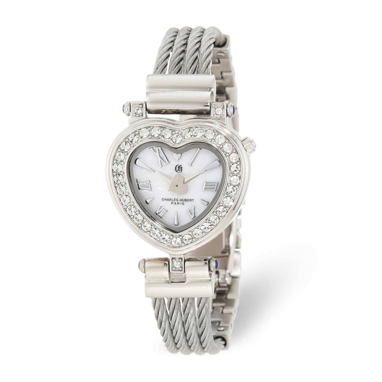 Charles Hubert Stainless Steel and Swarovski Crystal Wire Bangle White or Light Blue Heart Dial Watch
