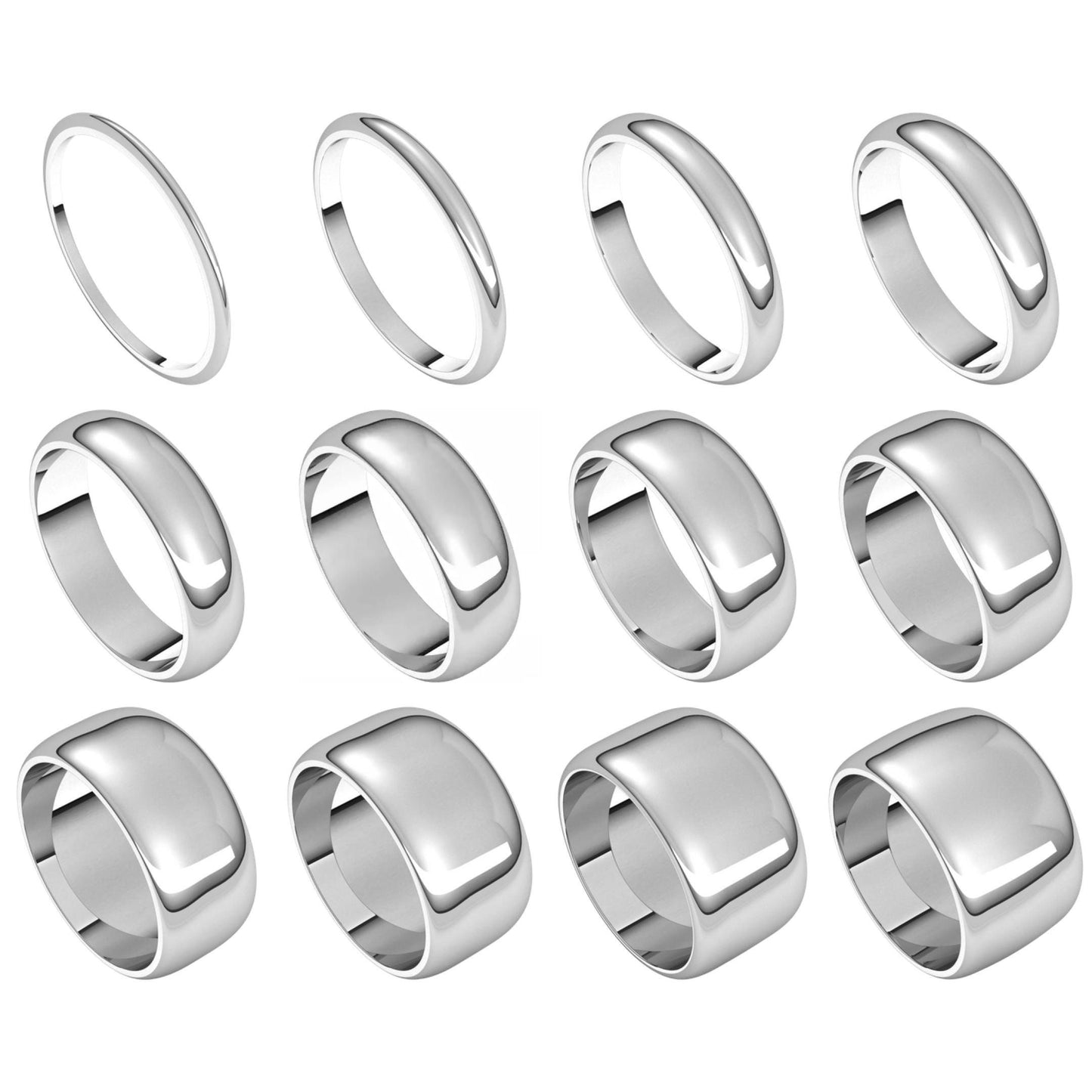Solid Platinum Standard Weight & Standard Fit Half-Round Wedding Band, 1.0mm-12.0mm Widths