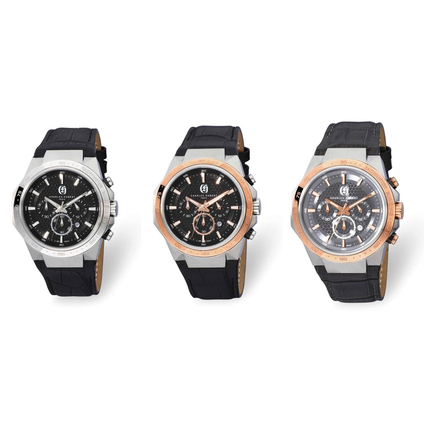 Charles Hubert Stainless Steel Band Chrono White/Black Dial, Rose/Black Dial, or Rose/Gray Dial Solar-Powered Watch