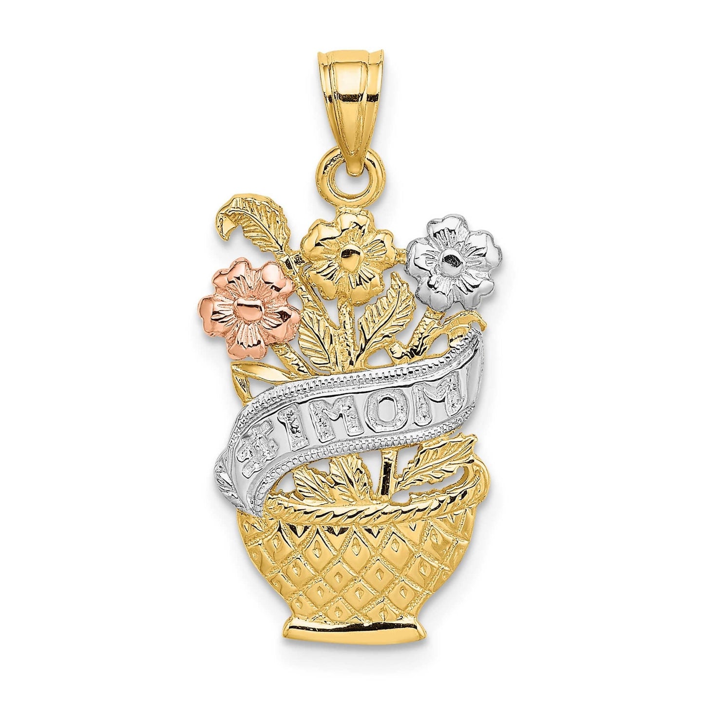 14K Yellow, White, & Rose Gold #1 Mom Flower Basket Charm