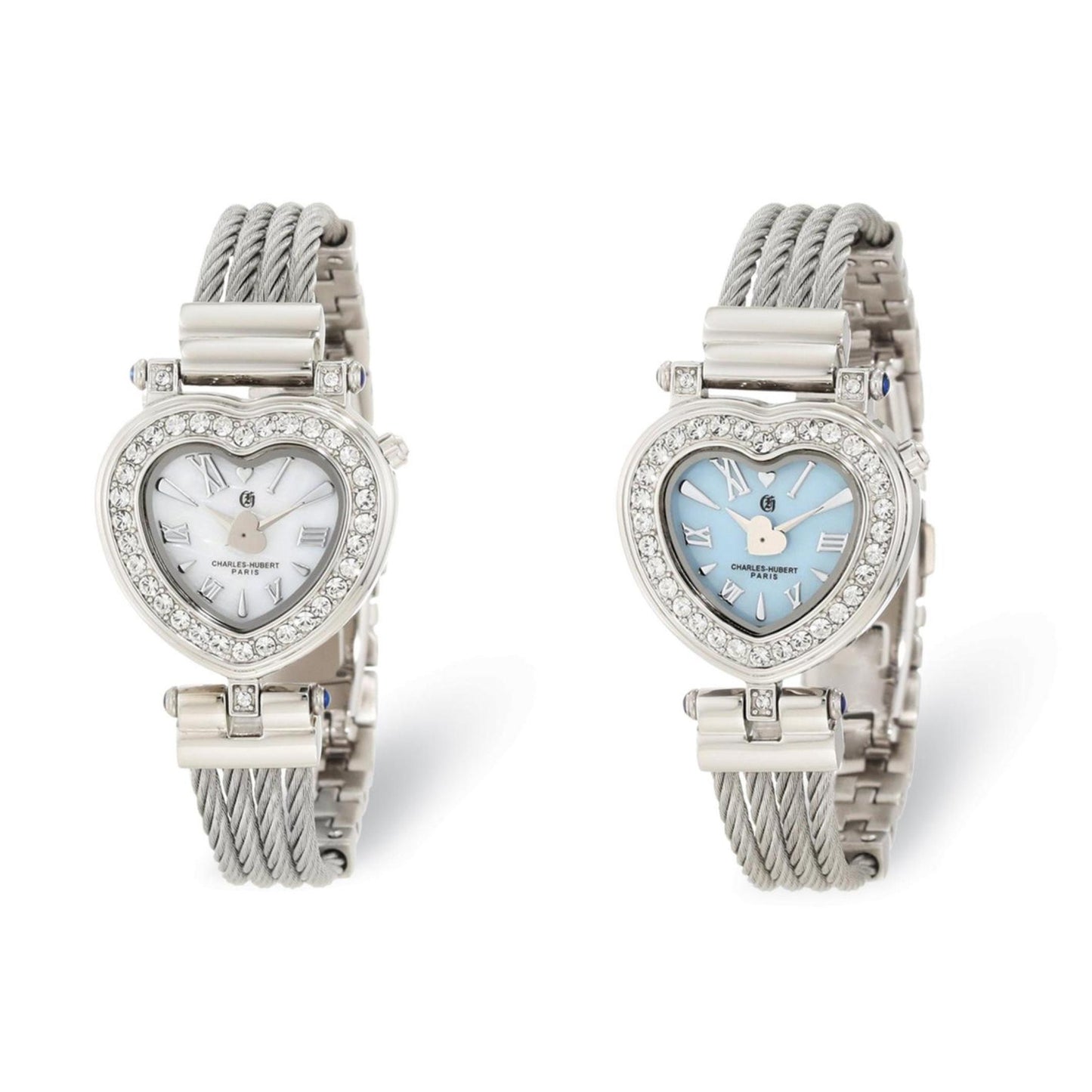 Charles Hubert Stainless Steel and Swarovski Crystal Wire Bangle White or Light Blue Heart Dial Watch