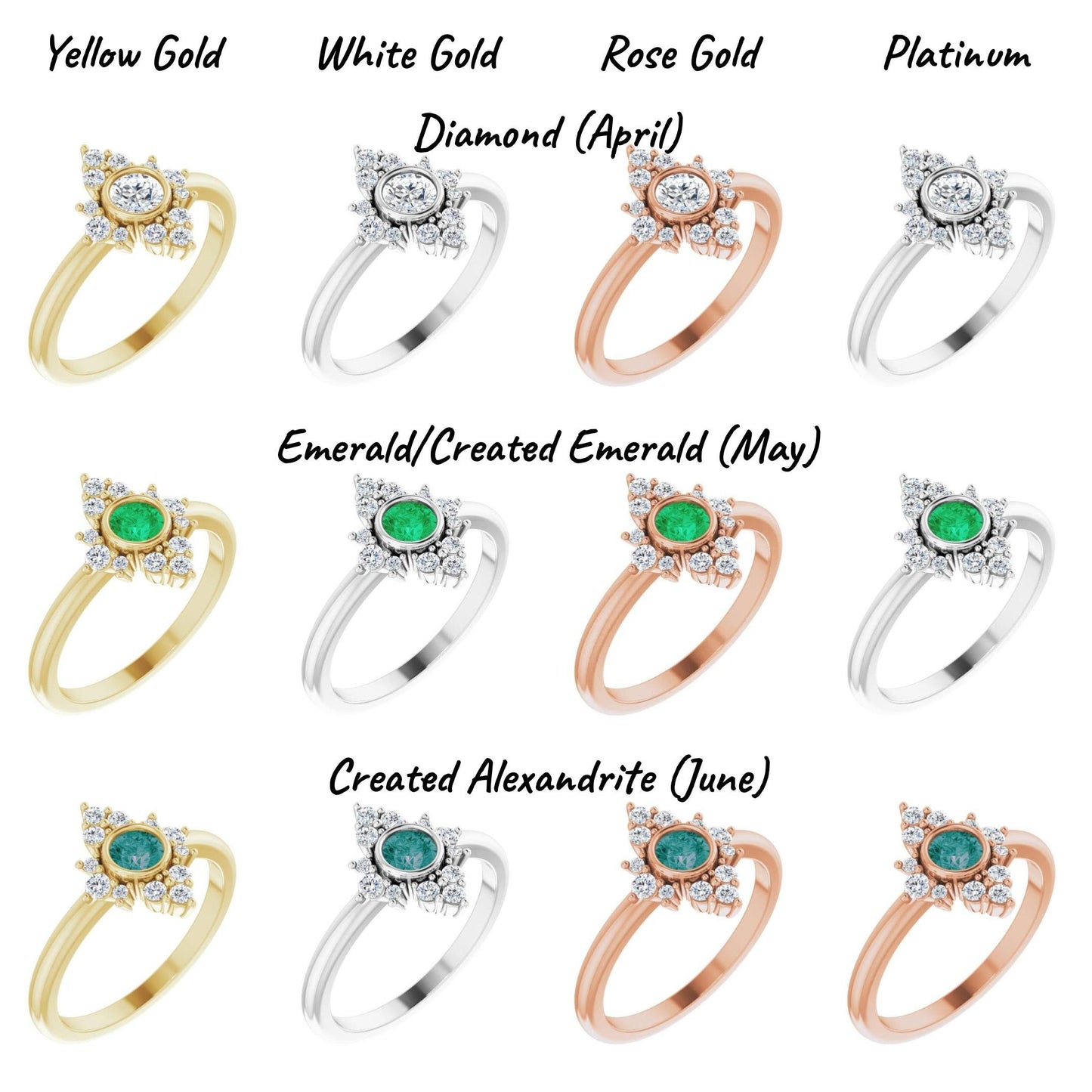 14K Yellow / White / Rose Gold or Platinum Birthstone and Diamond Ring