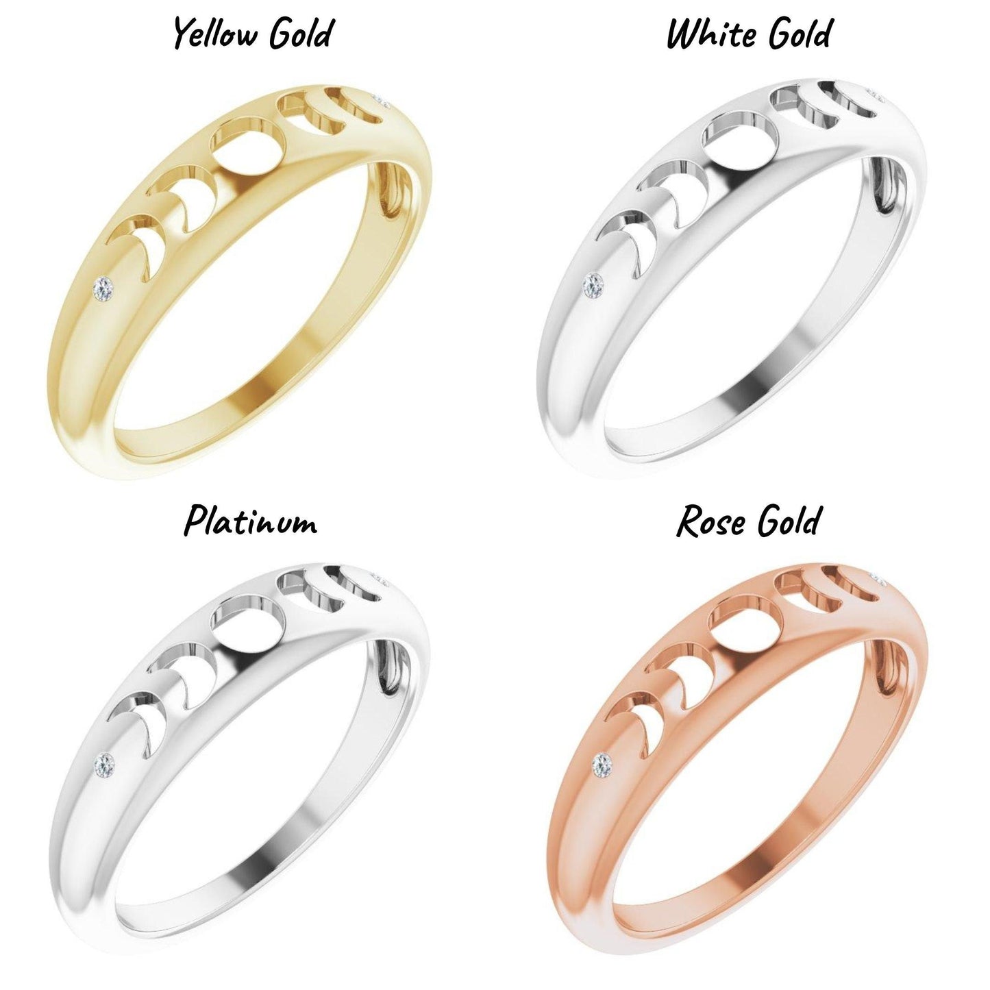 14K Yellow / White / Rose Gold or Platinum and Diamond Moon Phase Ring