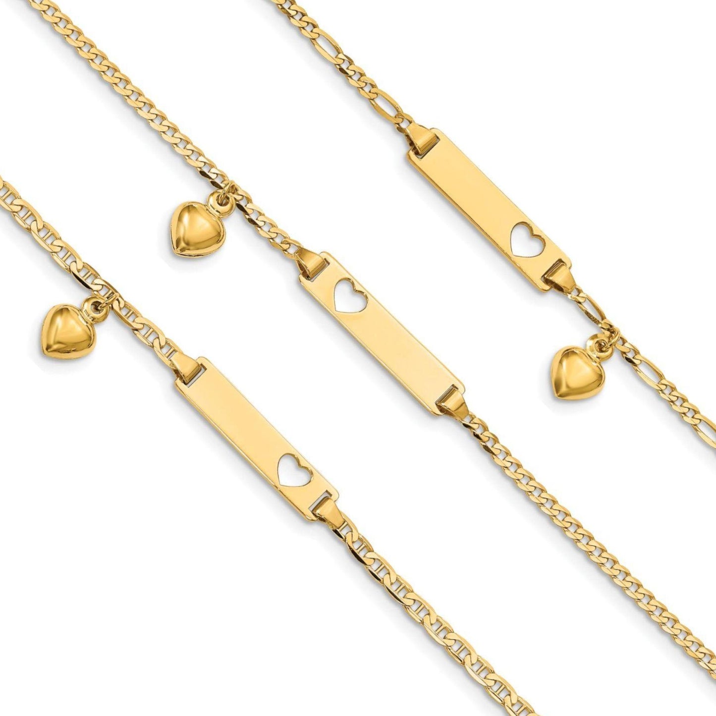 Children's Engravable 14K Yellow Gold Cut-out Heart with Dangling Heart Charm ID Bracelet (Figaro, Curb, and Anchor Link Chains)