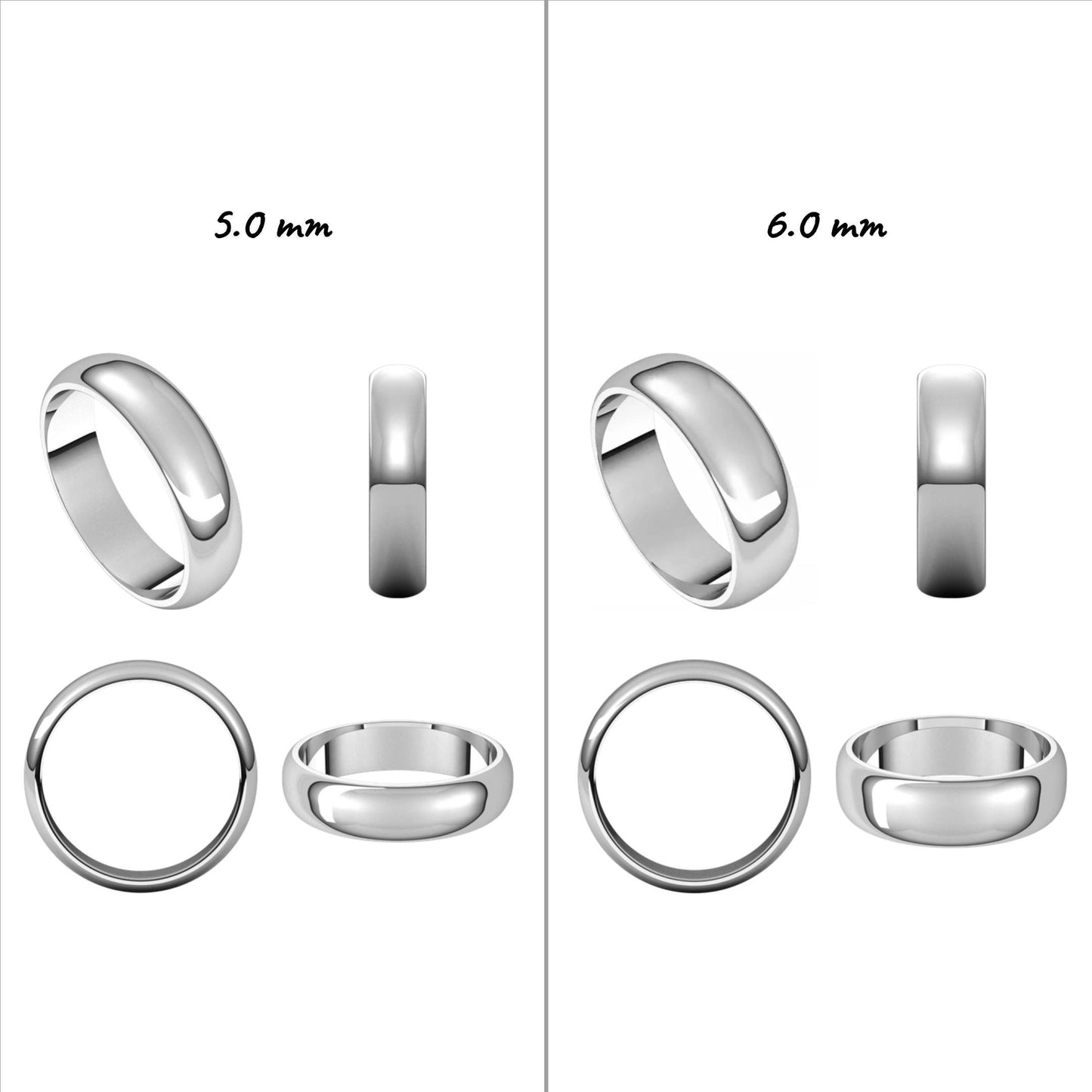 Solid Platinum Standard Weight & Standard Fit Half-Round Wedding Band, 1.0mm-12.0mm Widths