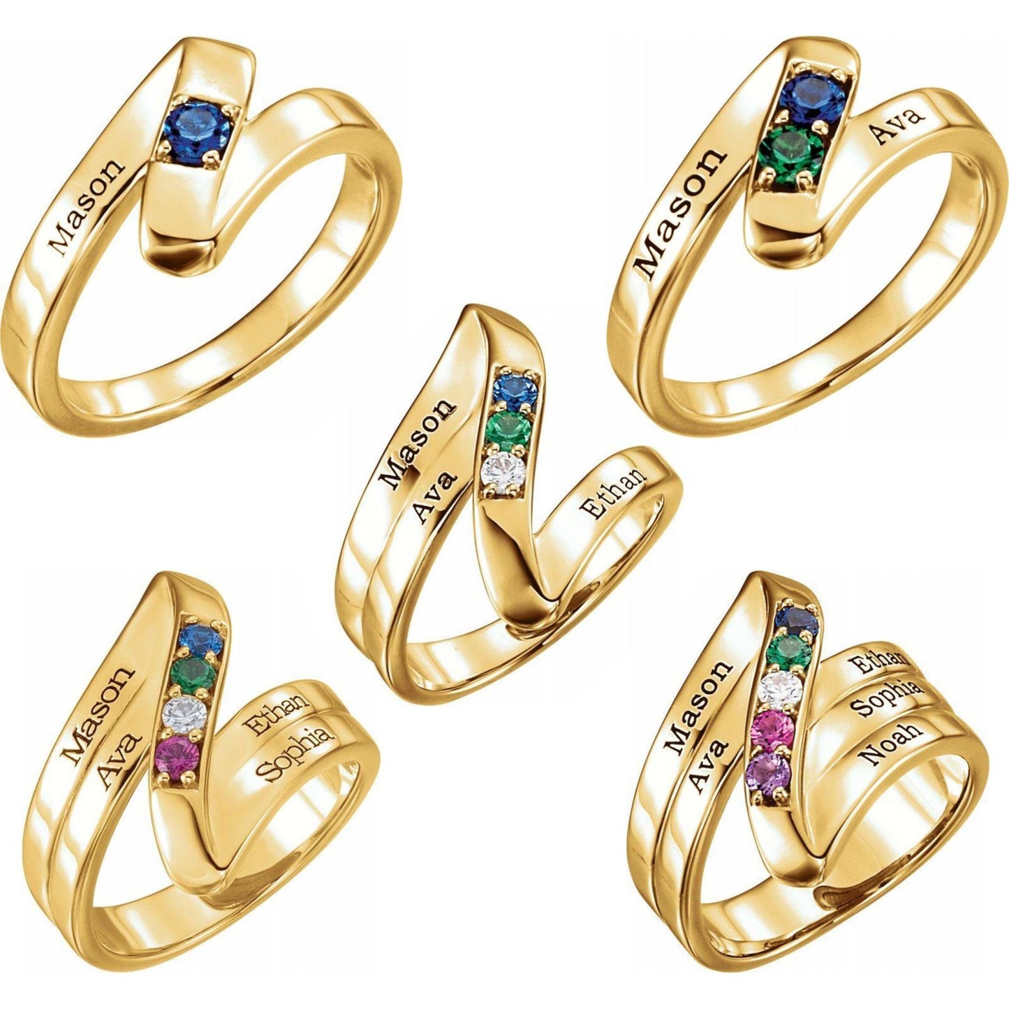 14K Yellow / White / Rose Gold or Platinum 1-5 Stone Engravable Family Ring