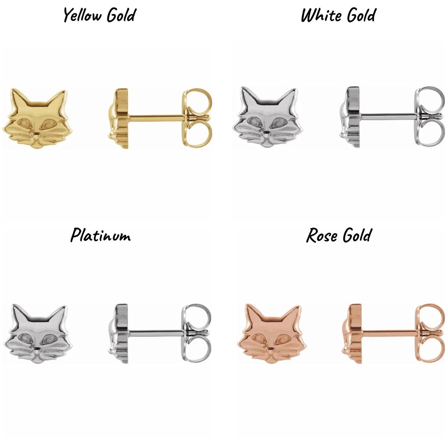 14K Yellow / White / Rose Gold or Platinum Cat Earrings